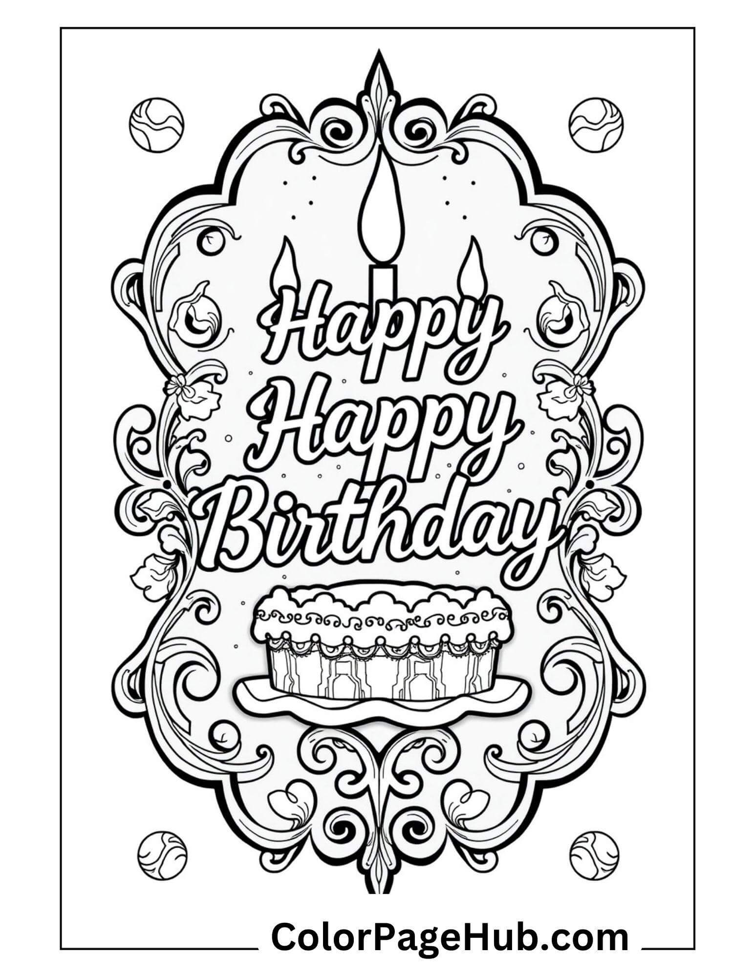 Happy Birthday Coloring Page with intricate floral border, candles, and a birthday cake. Perfect for kids and adults to color