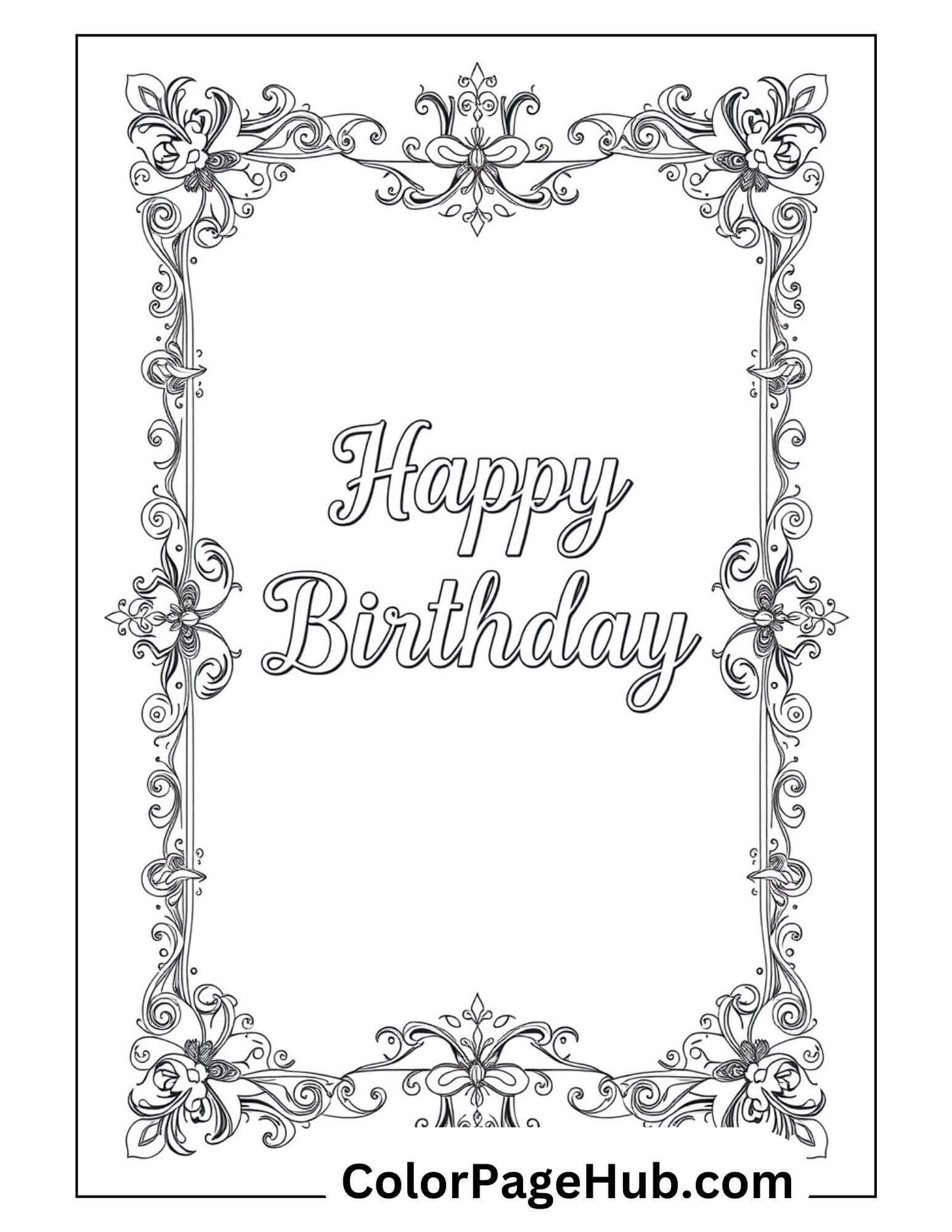 Elegant Happy Birthday Coloring Page with intricate floral borders and a classic design for creative and personalized celebration art.