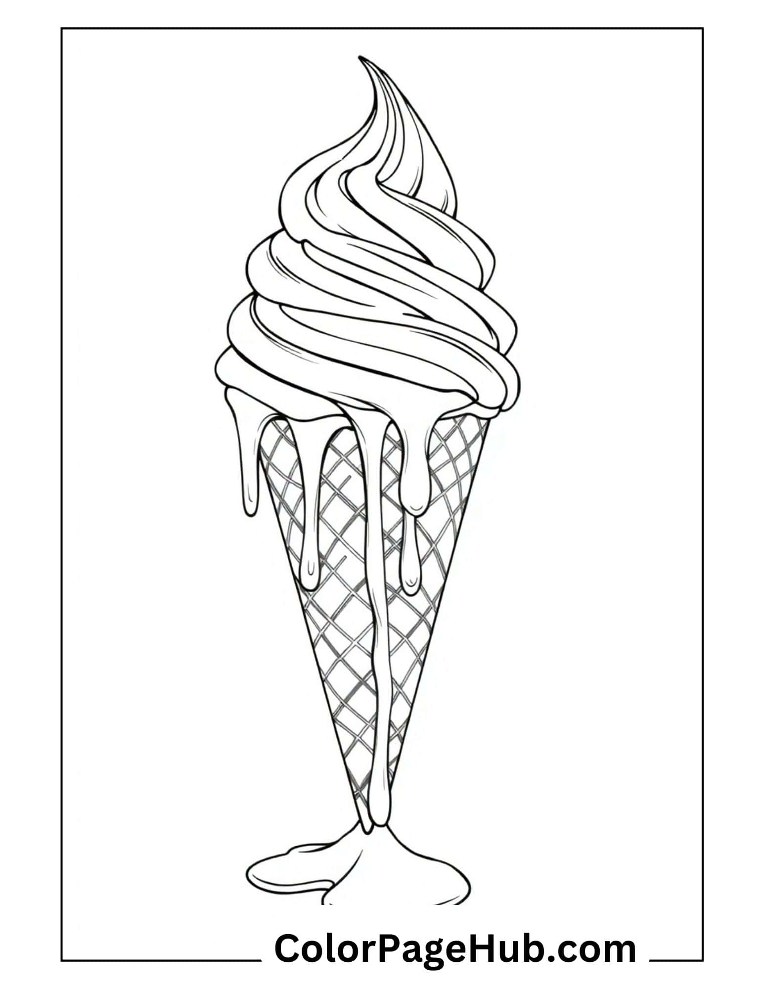 Classic ice cream coloring page with melting soft serve in waffle cone, simple design perfect for beginners