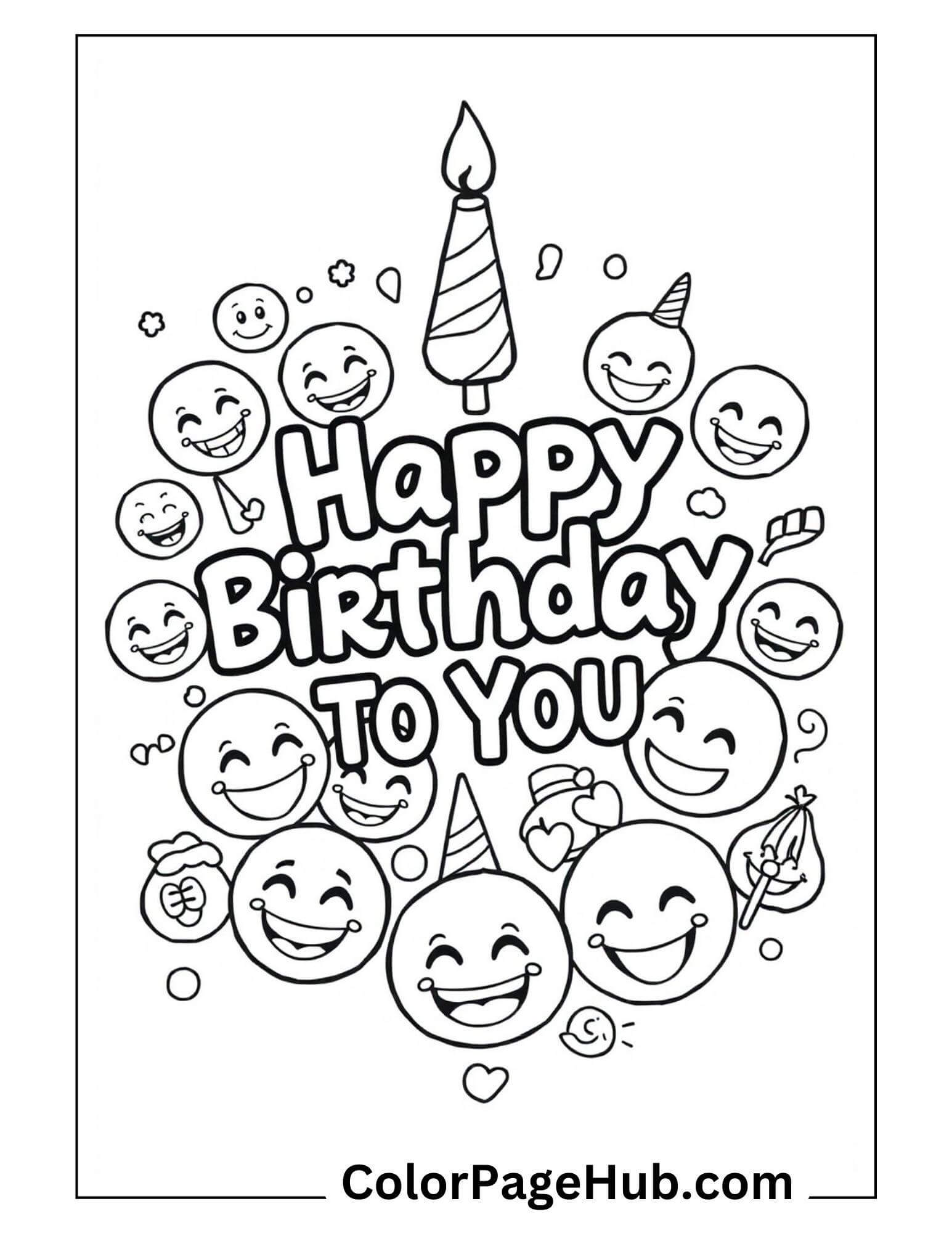 Festive Happy Birthday Coloring Page with cheerful emojis, a birthday candle, and joyful expressions for creative fun