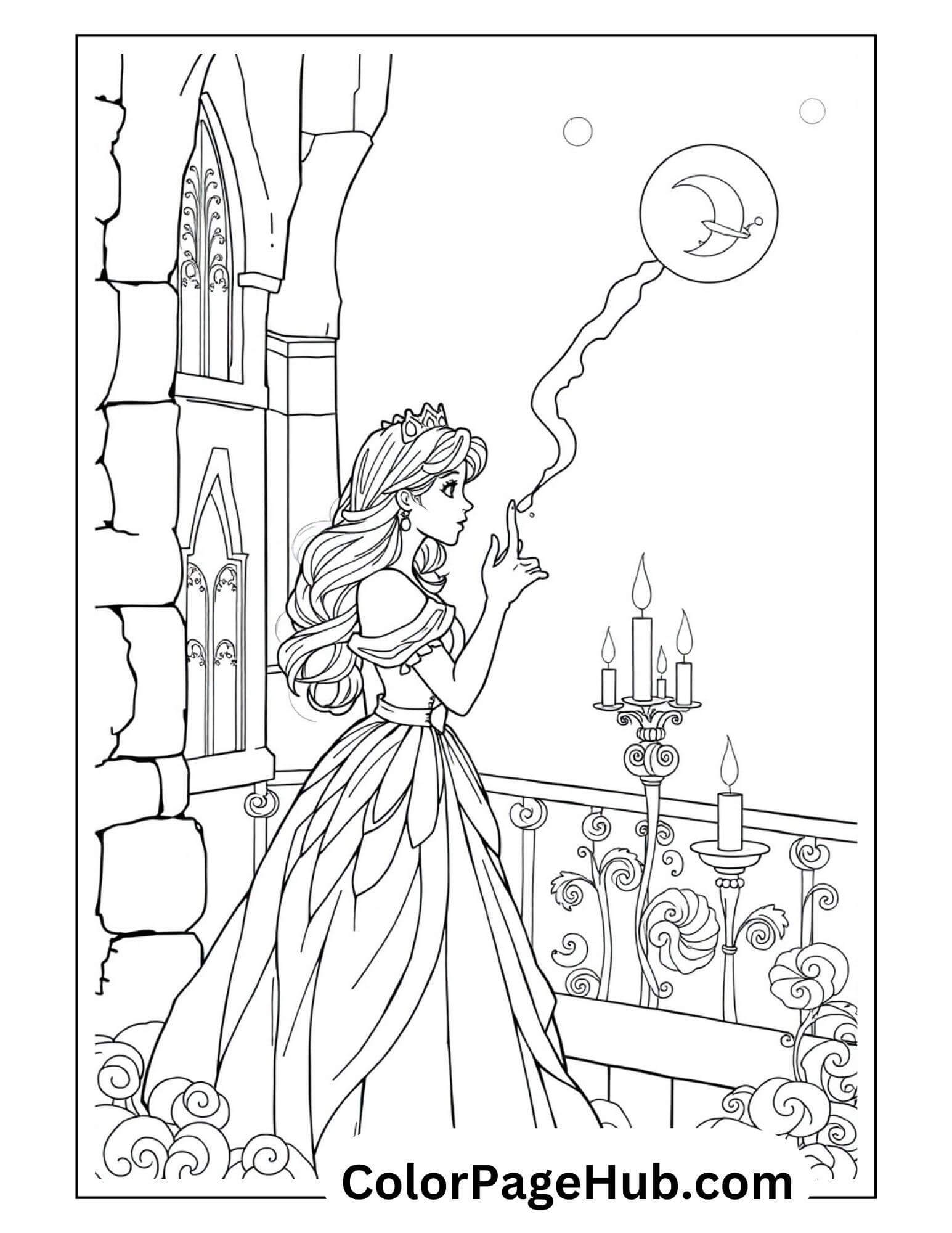Enchanted Happy Birthday Coloring Page featuring a princess on a castle balcony, surrounded by candles and a magical crescent moon.
