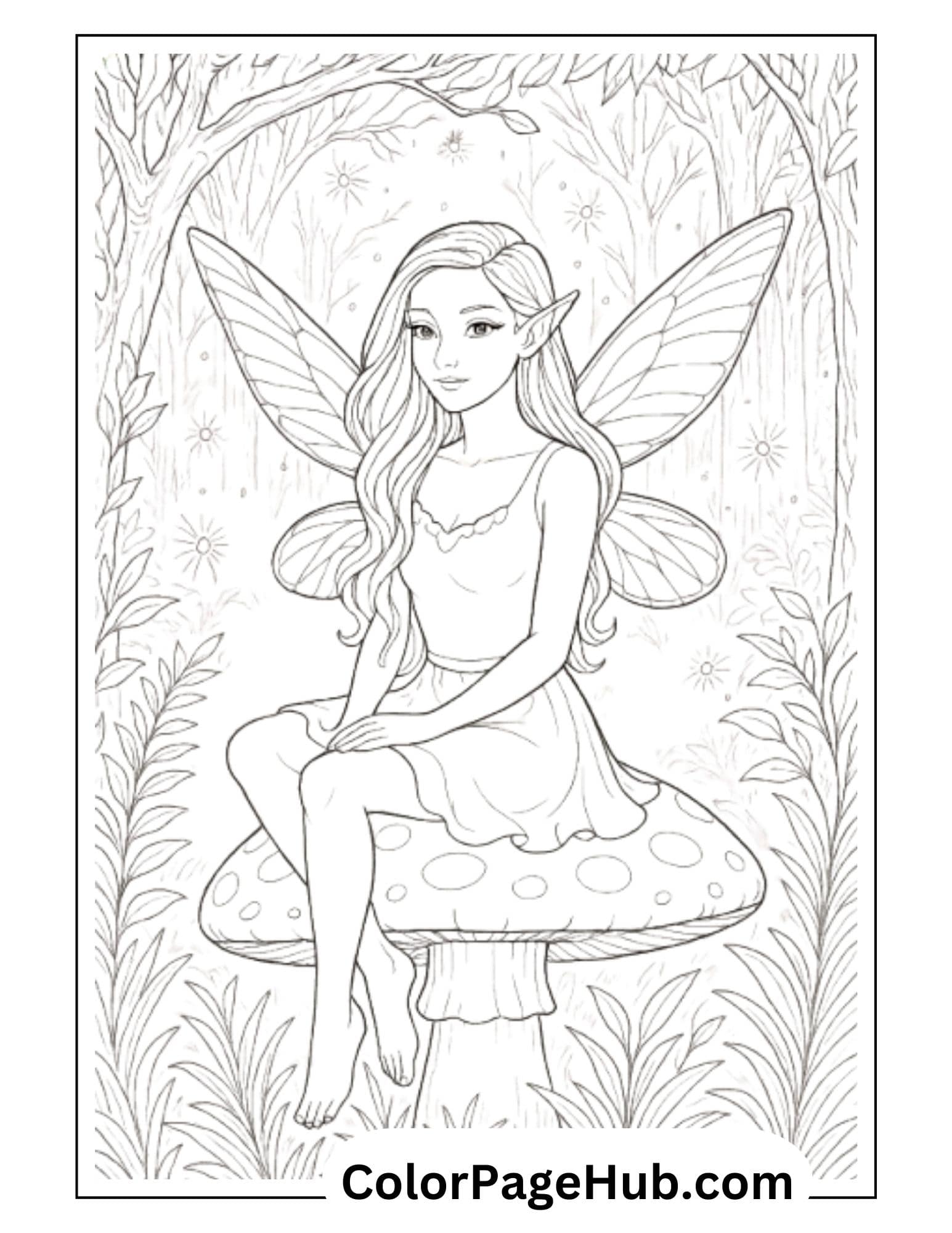 Enchanting fairy coloring page featuring a graceful fairy with delicate wings sitting on a spotted mushroom in a magical forest glade surrounded by trees and sparkles