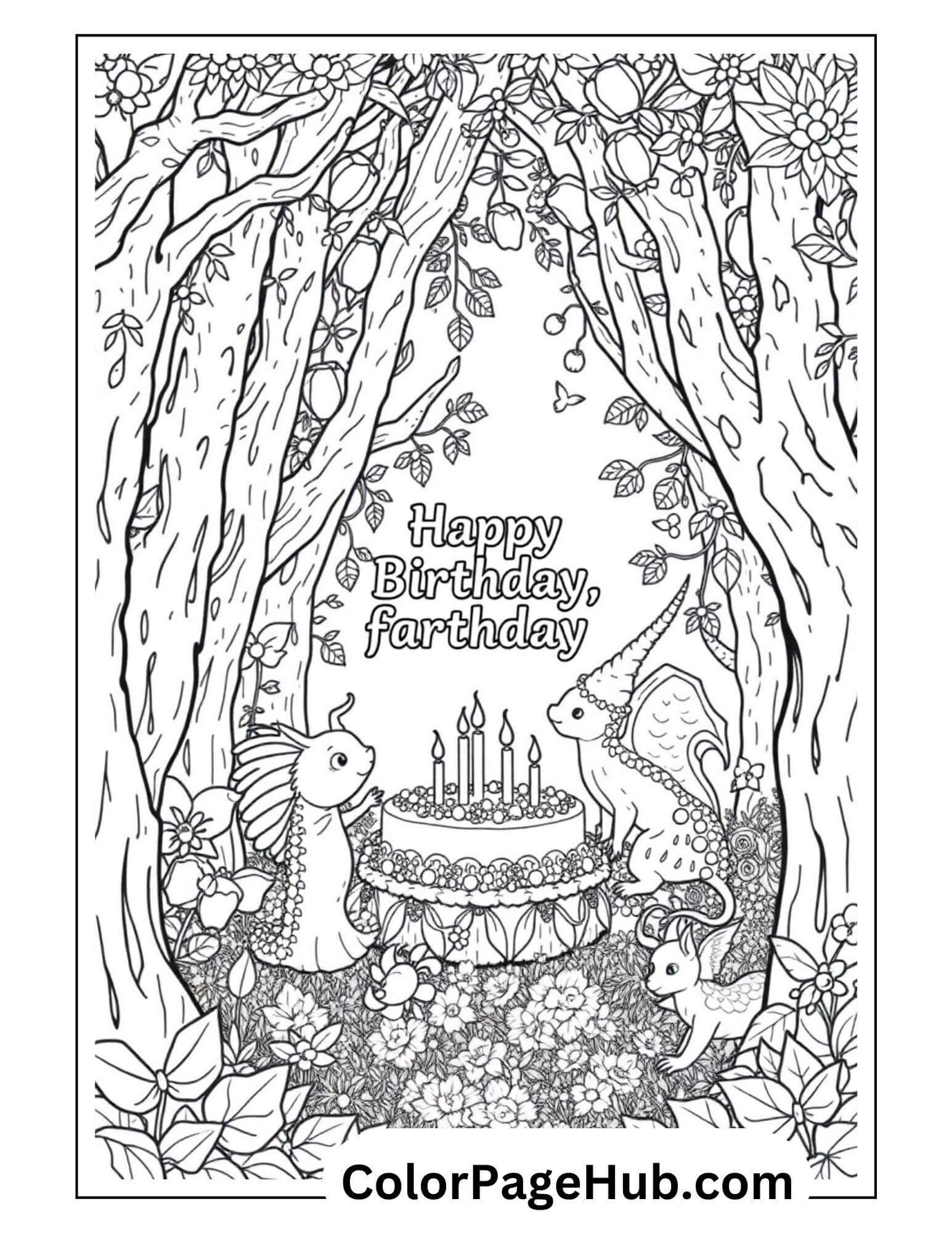 Step into a whimsical black-and-white journey with this Happy Birthday coloring page. Animals gather in a forest: a hedgehog, bunny, and snail surround a glowing cake under the trees. The scene cheerfully wishes you Happy Birthday, fardthday.