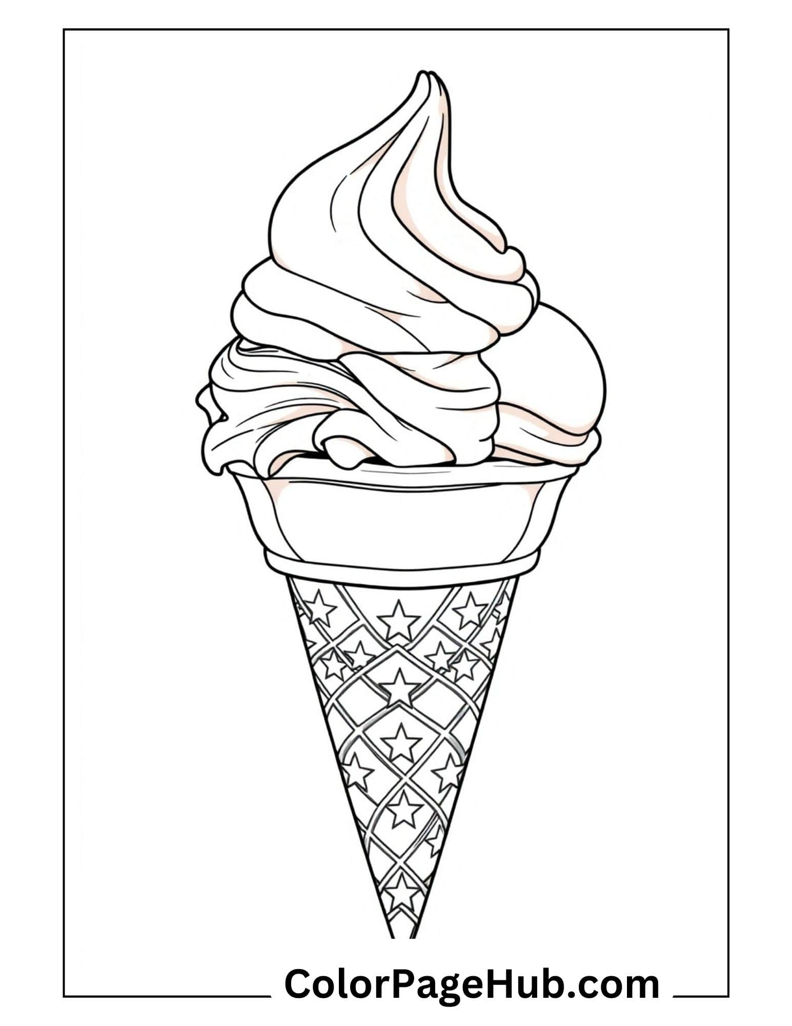 Star-studded ice cream coloring page showcasing a simple cone with decorative waffle pattern and swirled soft serve topping.