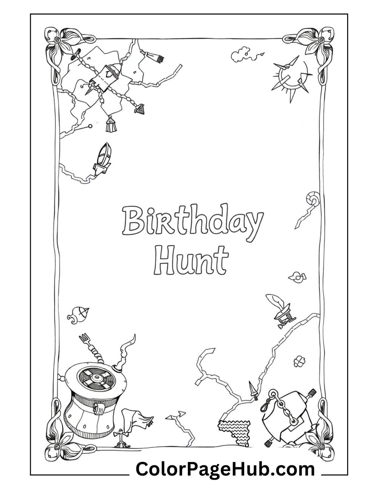 A coloring page titled Birthday Hunt with a decorative border. This Happy Birthday Coloring Page features whimsical arrows, feathers, torn map pieces, and a compass design, giving a playful treasure hunt theme.