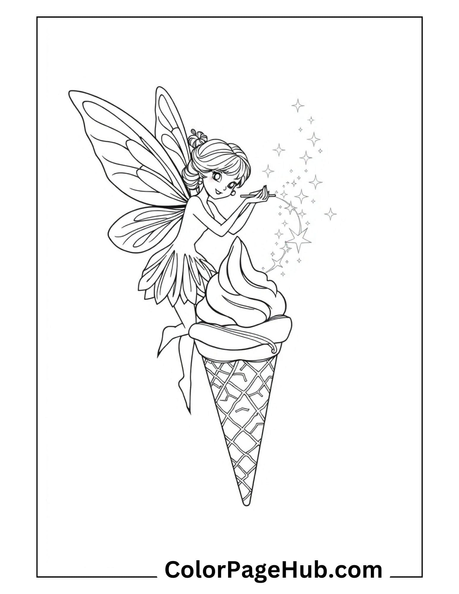 Magical fairy sprinkling stardust on swirled soft serve in ice cream coloring pages perfect for fantasy-loving children.