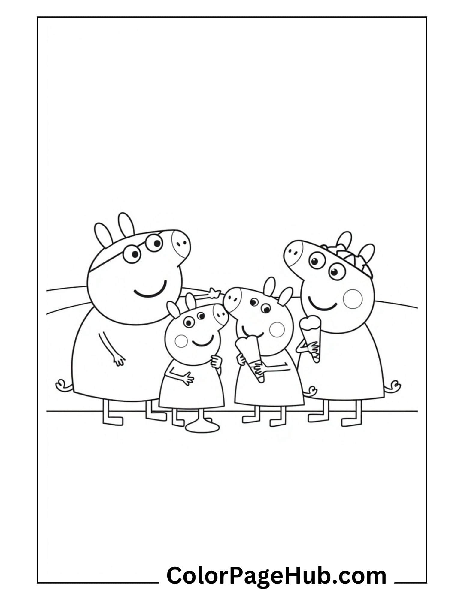 Peppa Pig ice cream coloring page with the whole family enjoying cones together, perfect for preschool children's activities.