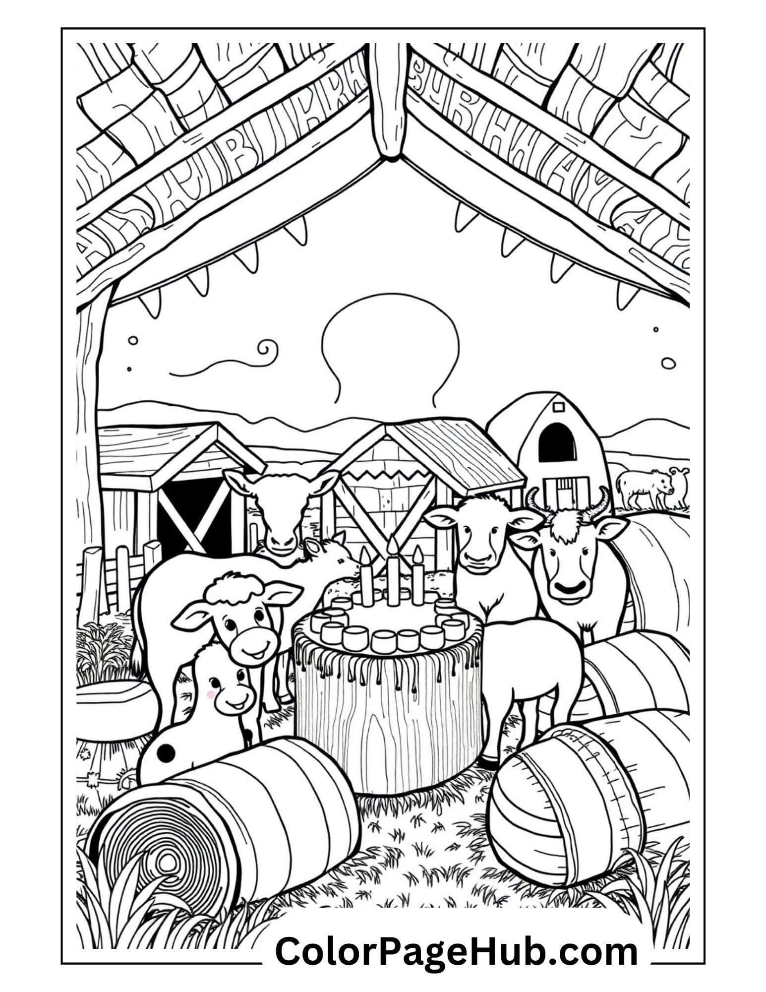 Black and white coloring page featuring cows, sheep, and a pig around a wooden spool table. Barns and barrels are in the background under a setting sun. Rustic beams frame this farm scene, perfect for those seeking unique Happy Birthday coloring pages with a countryside charm.