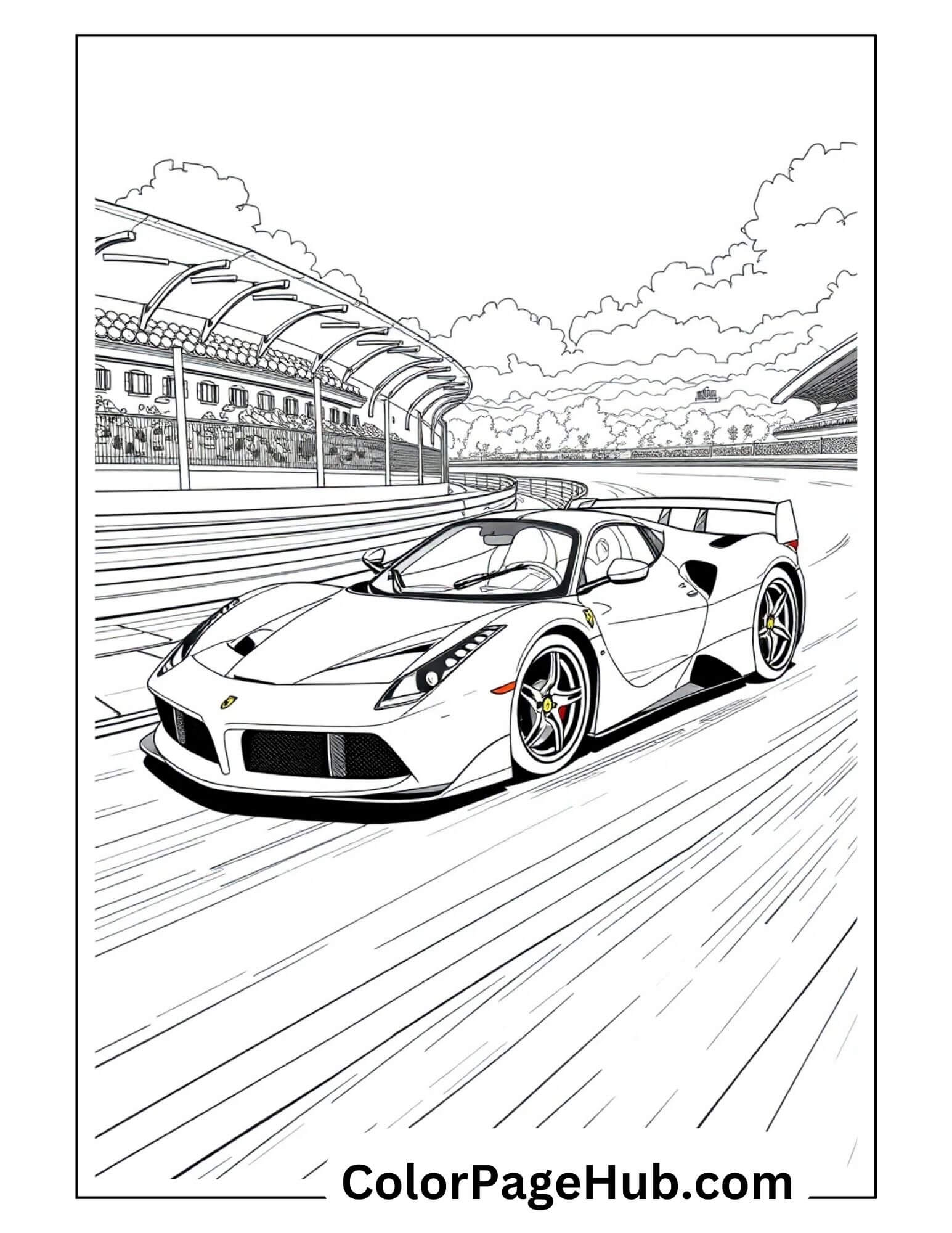 Ferrari LaFerrari racing on speedway track with grandstands - luxury sports Cars Coloring Page for motorsport enthusiasts