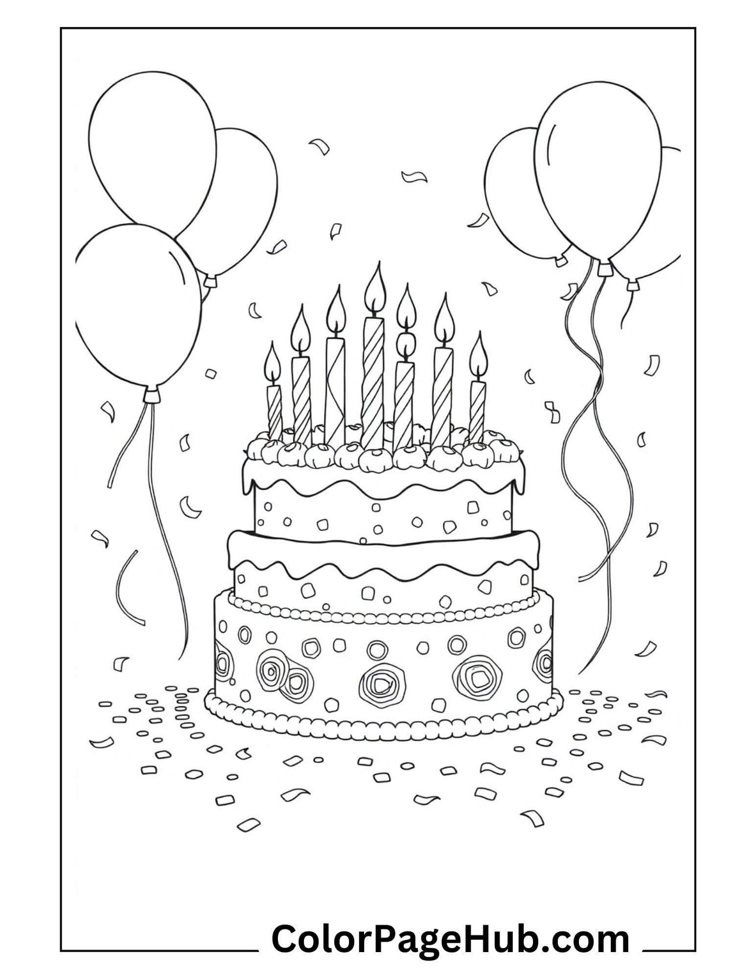 Festive Happy Birthday Coloring Page featuring a tiered cake with candles, balloons, and confetti for a joyful celebration.