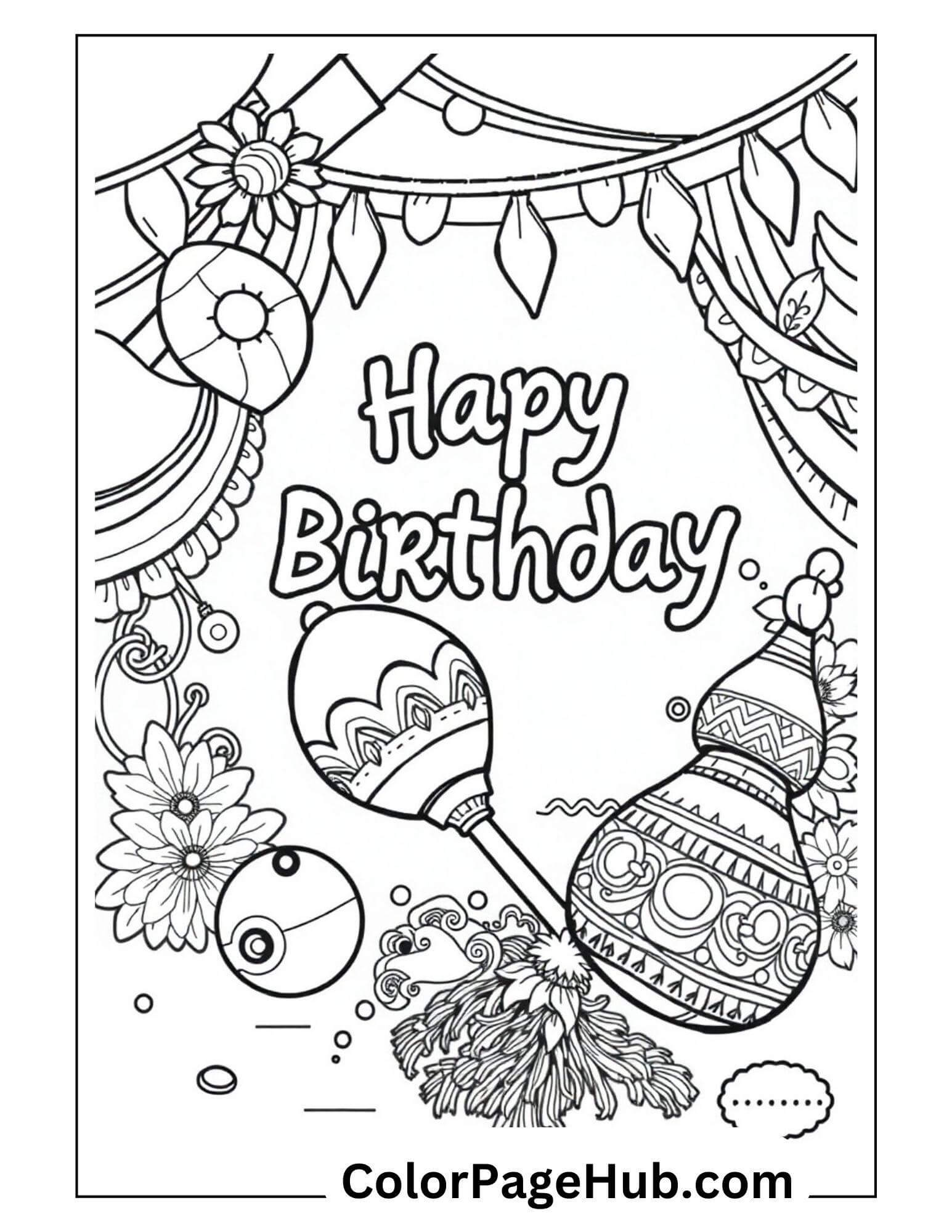 Festive Happy Birthday Coloring Page featuring vibrant decorations, a maraca, and colorful patterns for creative fun