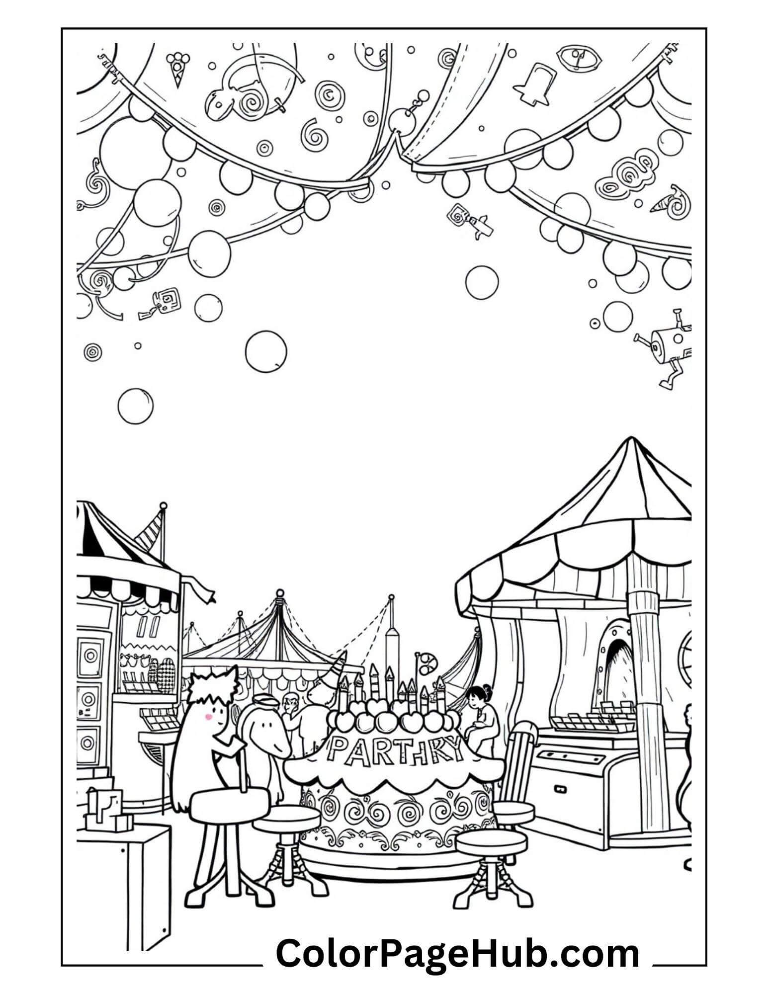 A black and white Happy Birthday coloring page of a festive party scene with tents, balloons, streamers, and tables. A PARTY banner hangs above a table with a large cake. People are seated and a food stand is visible.