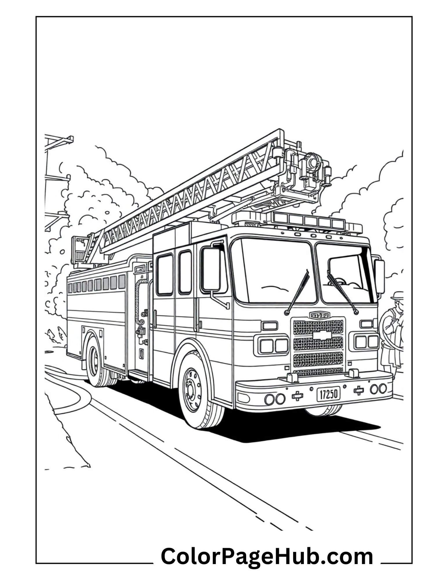 Fire truck with extended ladder and firefighter - emergency vehicle Cars Coloring Page for children who love rescue heroes