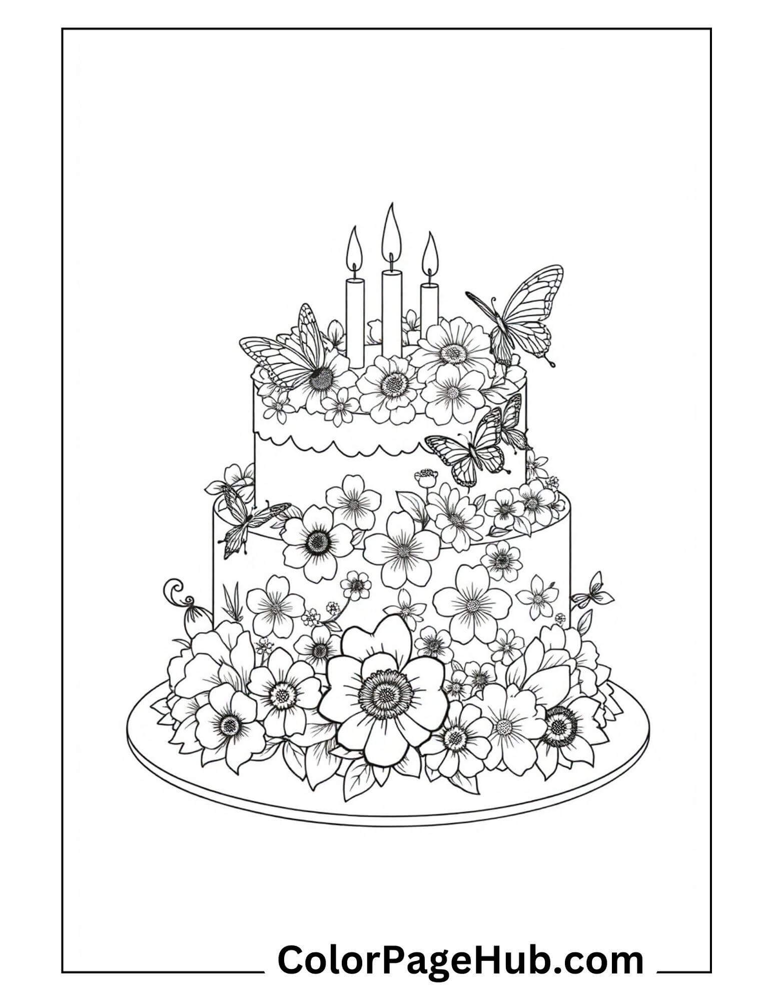 Black and white illustration of a two-tiered cake, perfect for Happy Birthday coloring pages. Adorned with flowers and butterflies, three lit candles sit atop the cake. The image is outlined for a delightful coloring experience.