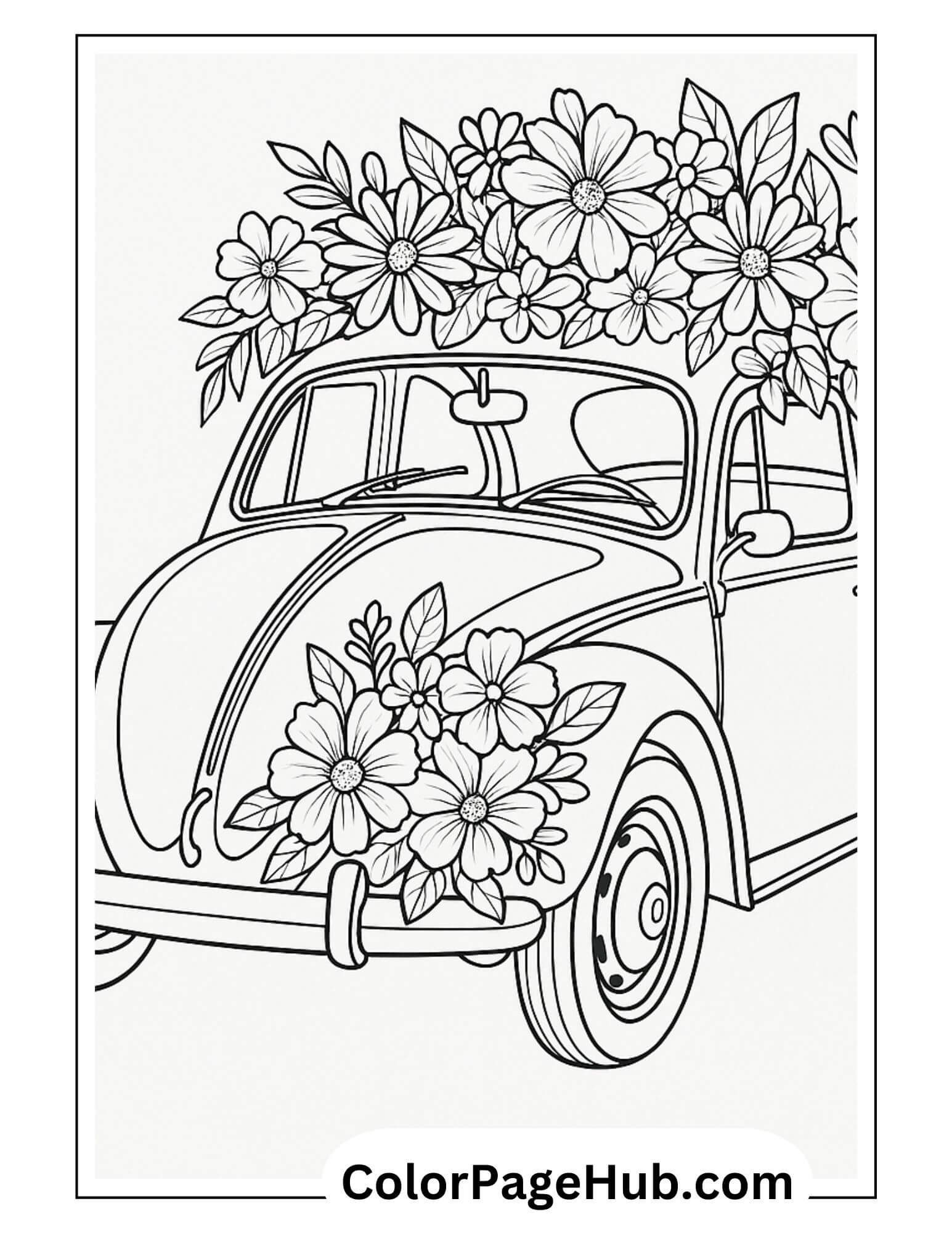 Vintage car with blooming flowers illustration – perfect cars coloring page for kids and adults to enjoy creative coloring