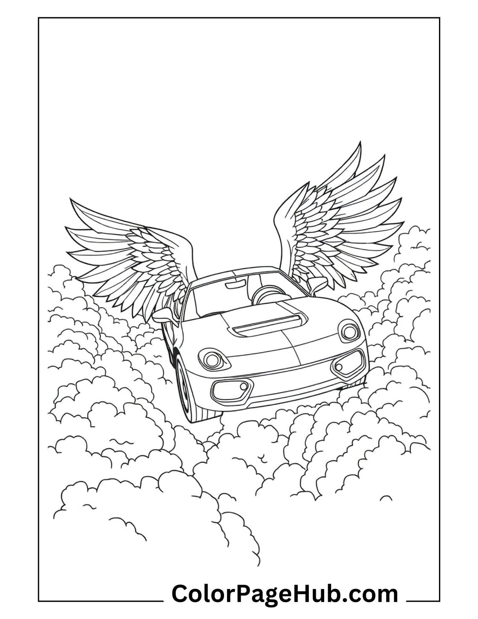 Sports car with angel wings soaring through clouds - fantasy flying Cars Coloring Page for imaginative children