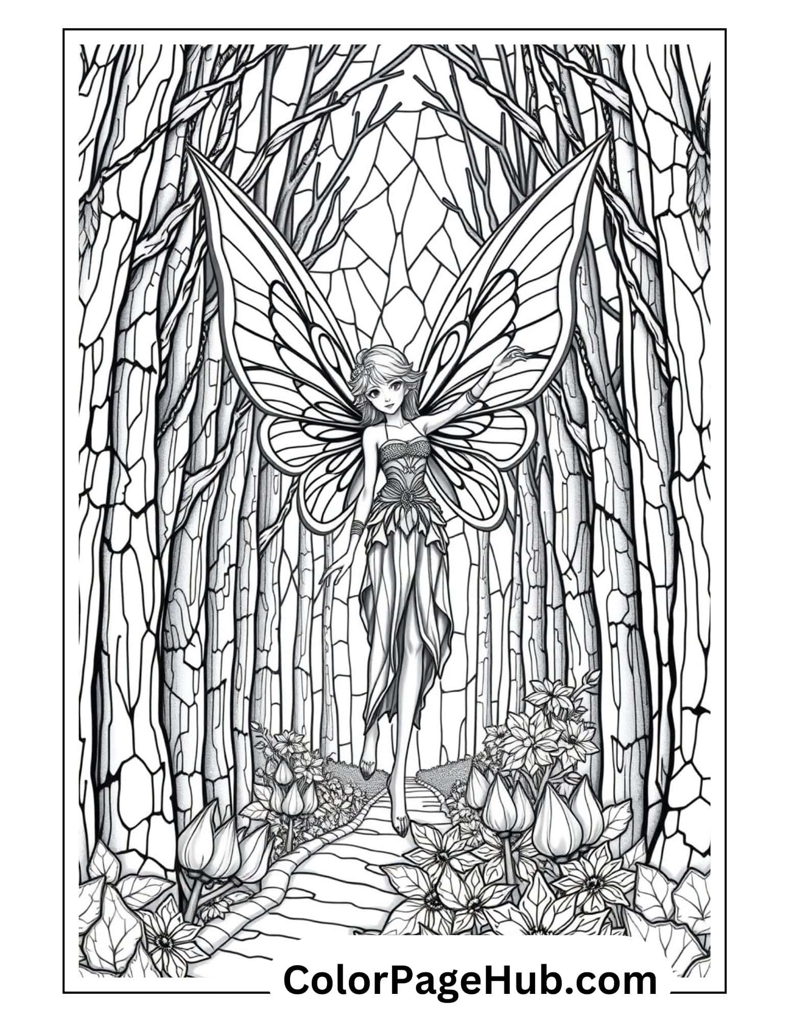 Beautiful Fairy Coloring Page featuring a delicate fairy with butterfly wings walking through a magical forest path surrounded by flowers