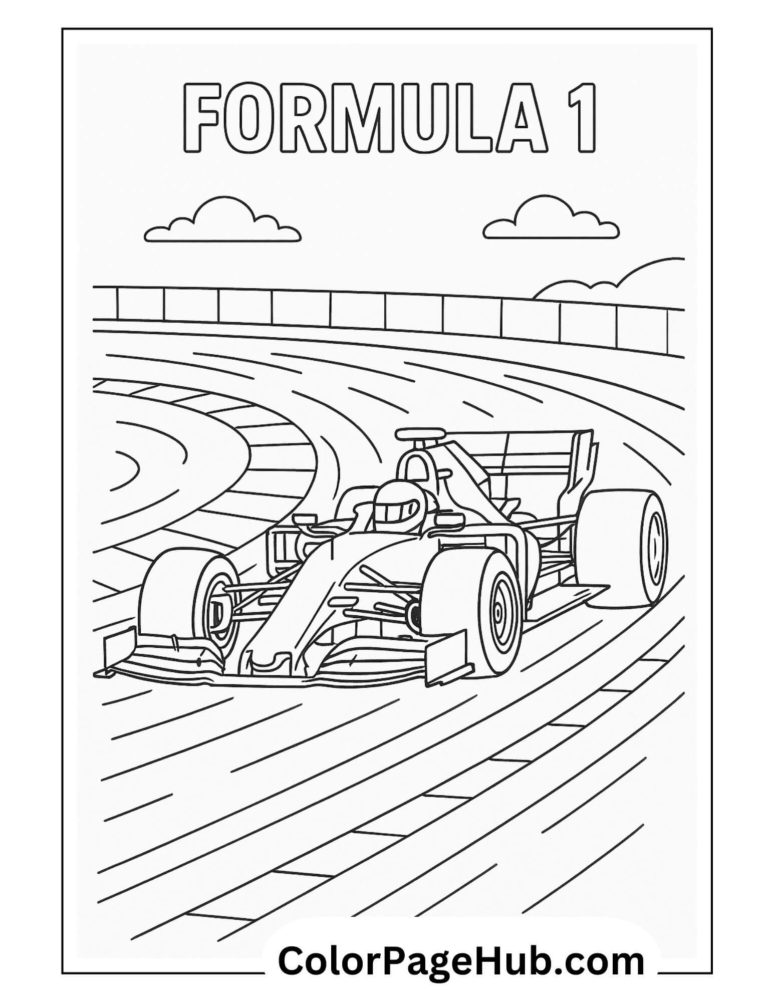 Formula 1 race car speeding on a track with clouds above – exciting and detailed cars coloring page for racing fans and kids