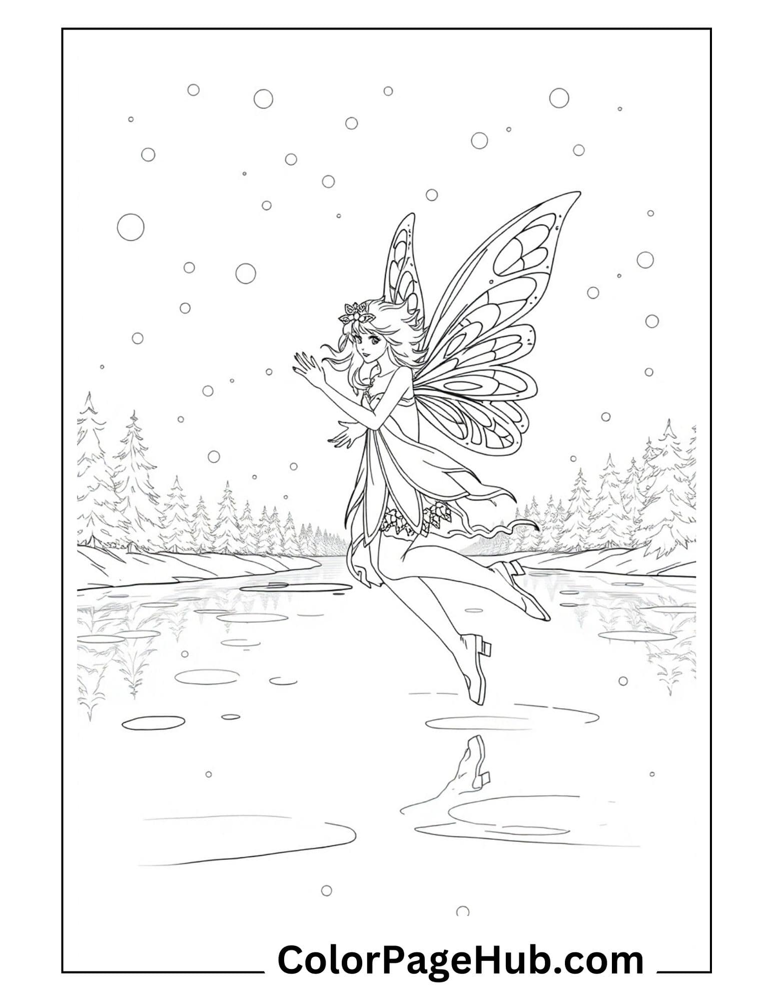Winter fairy coloring page featuring a graceful fairy with butterfly wings dancing above a frozen lake surrounded by snow-covered pines and falling snowflakes