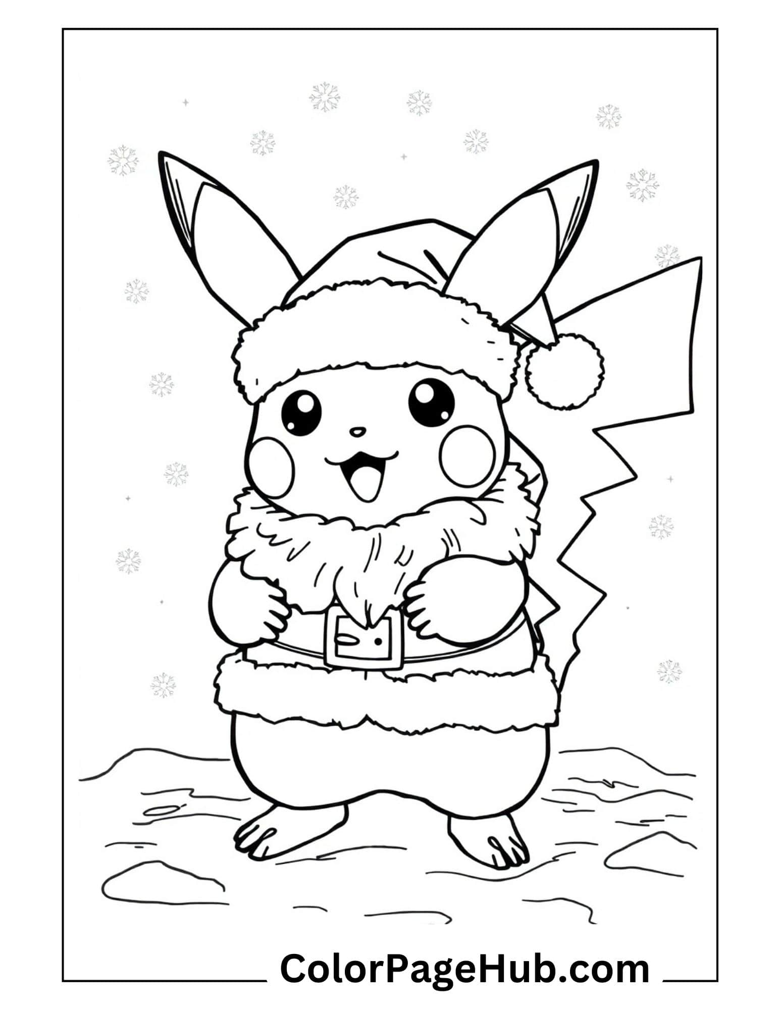 Christmas Pikachu coloring pages with the adorable Pokemon dressed in Santa outfit surrounded by snowflakes, perfect for holiday fun
