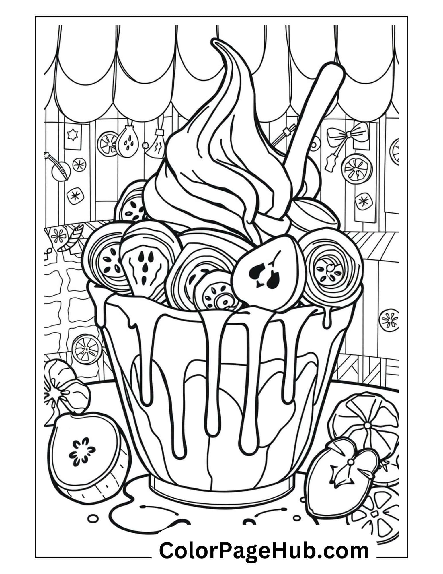 Rolled ice cream coloring page with fruit toppings in a decorative cup, perfect for fans of trendy dessert shop treats.