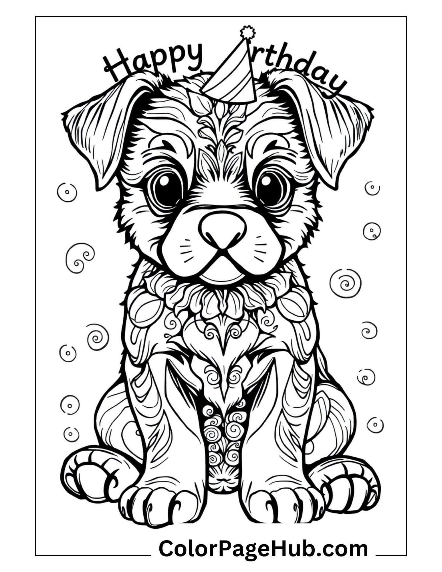 Adorable Happy Birthday Coloring Page featuring a cute puppy wearing a party hat, surrounded by festive swirls and joyful vibes.