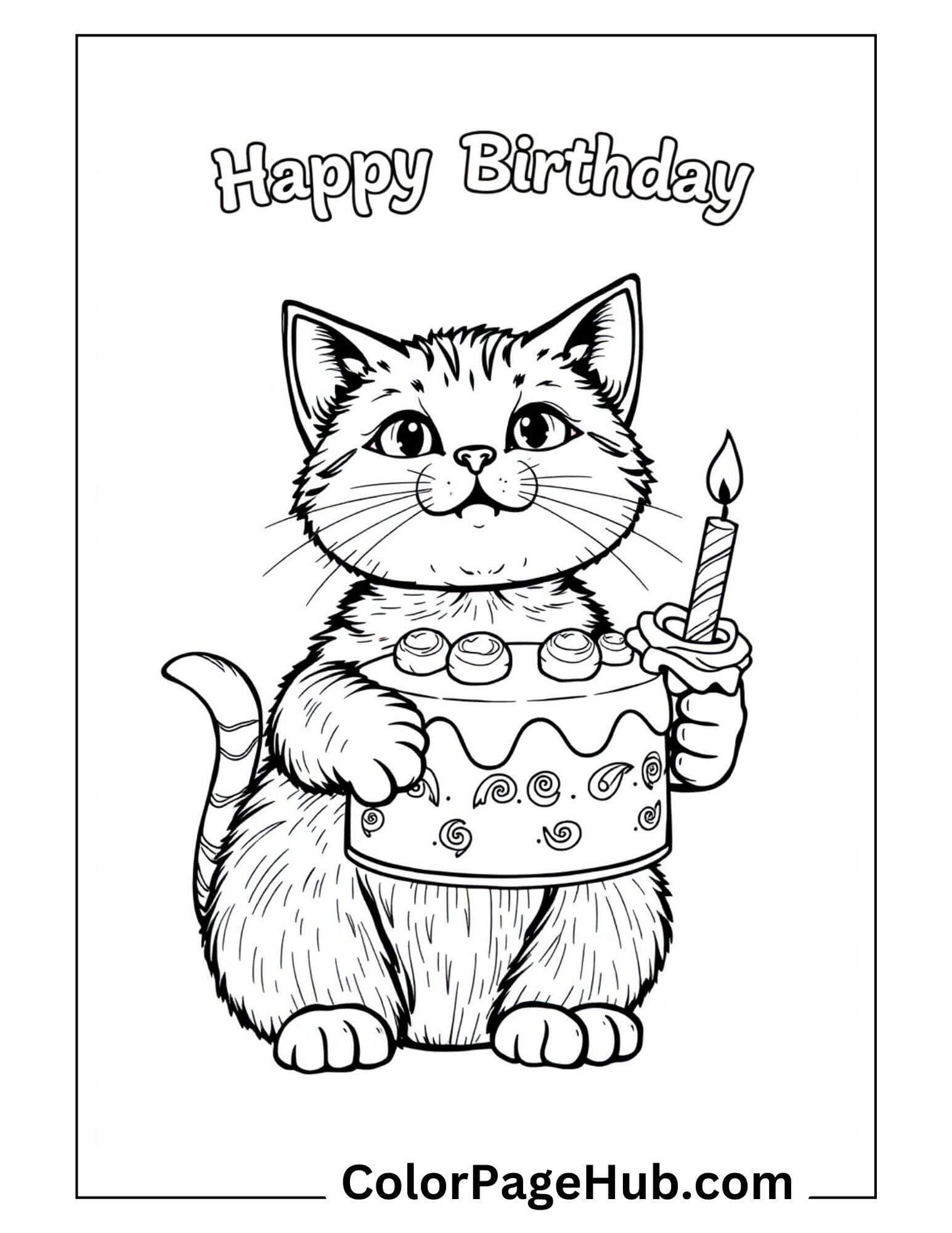 Cute cat holding a birthday cake with a candle in this Happy Birthday Coloring Page. Fun and creative printable for all ages.