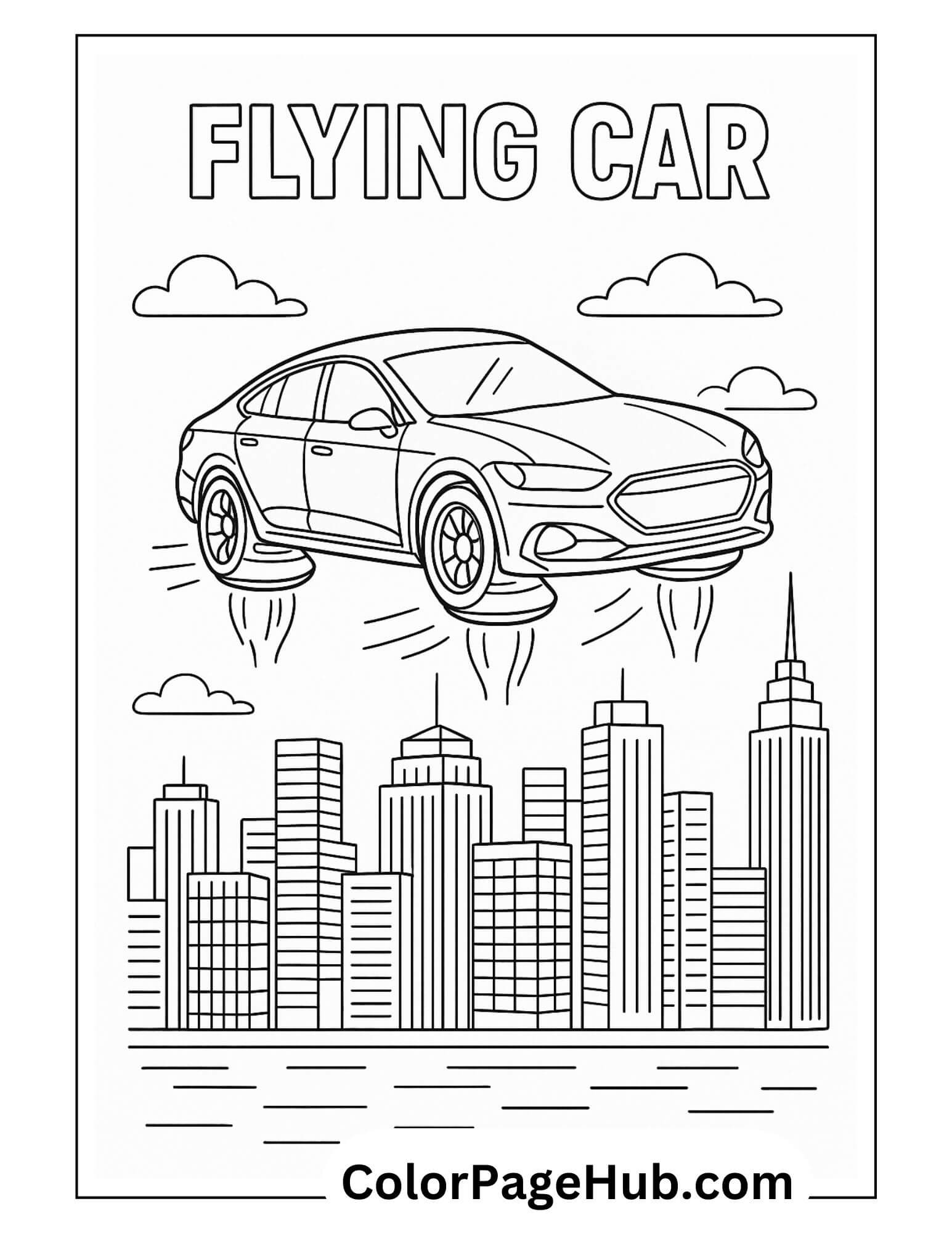 Flying car over city skyline with clouds – futuristic cars coloring page for kids to spark creativity and imagination