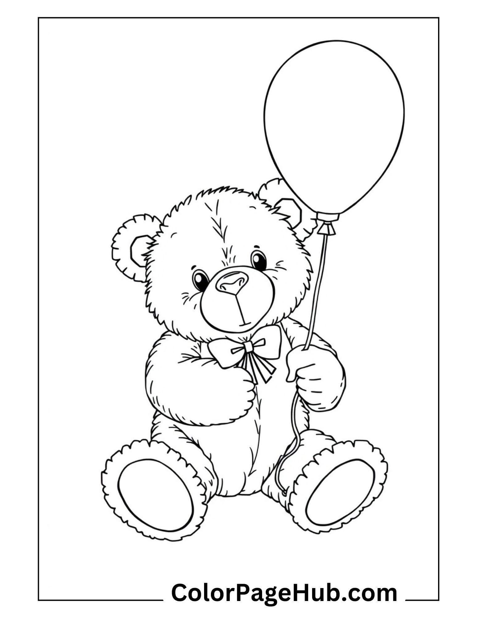 Charming Happy Birthday Coloring Page featuring a cute teddy bear holding a balloon, perfect for festive and fun coloring.