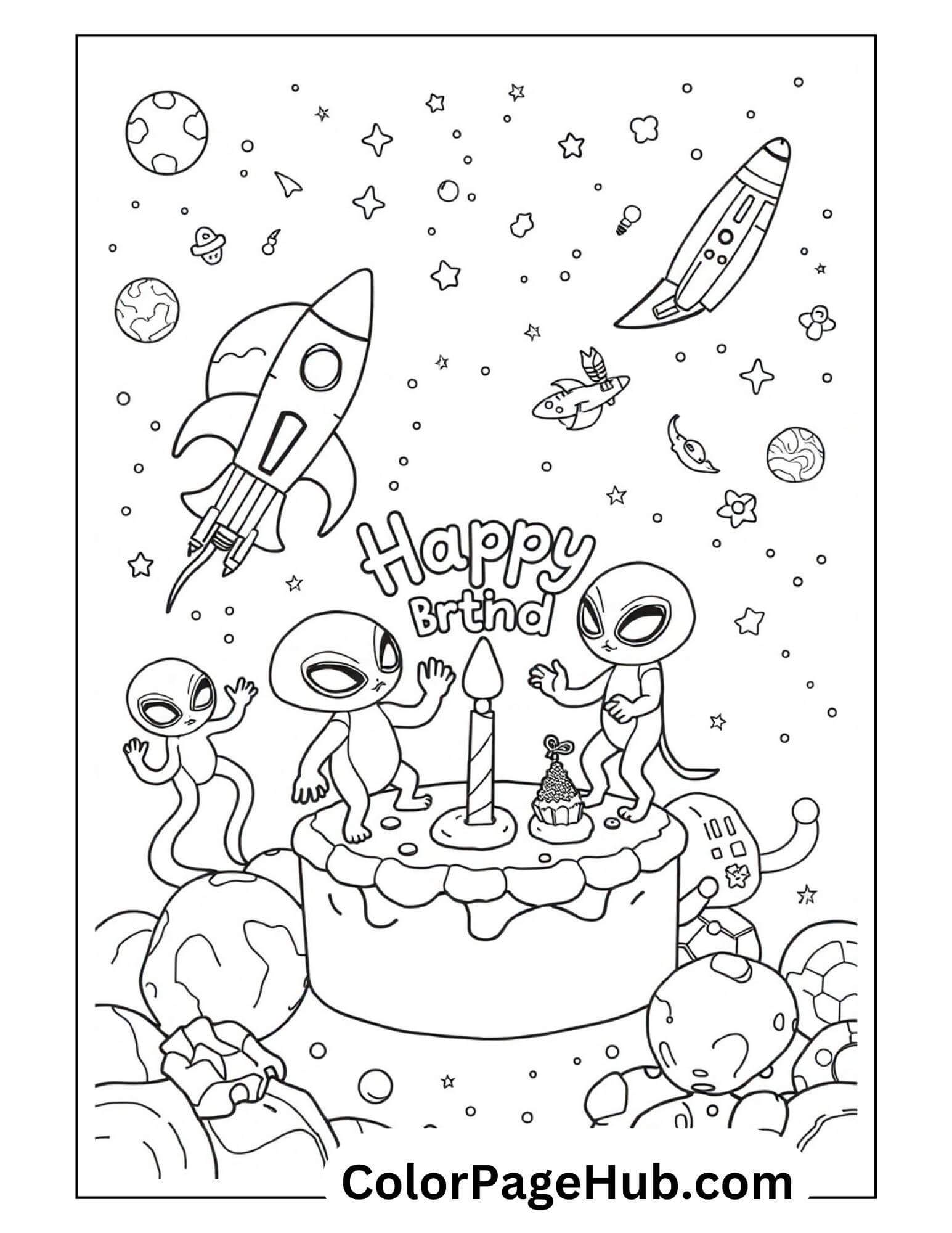 Futuristic Happy Birthday Coloring Page with aliens, a rocket ship, and a cosmic cake celebrating an out-of-this-world birthday.