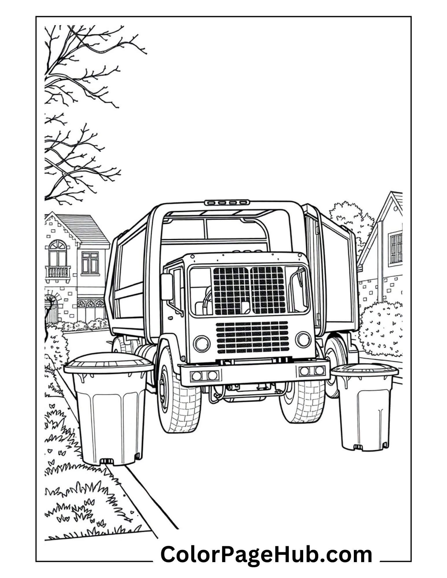 Detailed garbage truck with trash bins in suburban neighborhood - printable municipal service cars coloring page for kids.