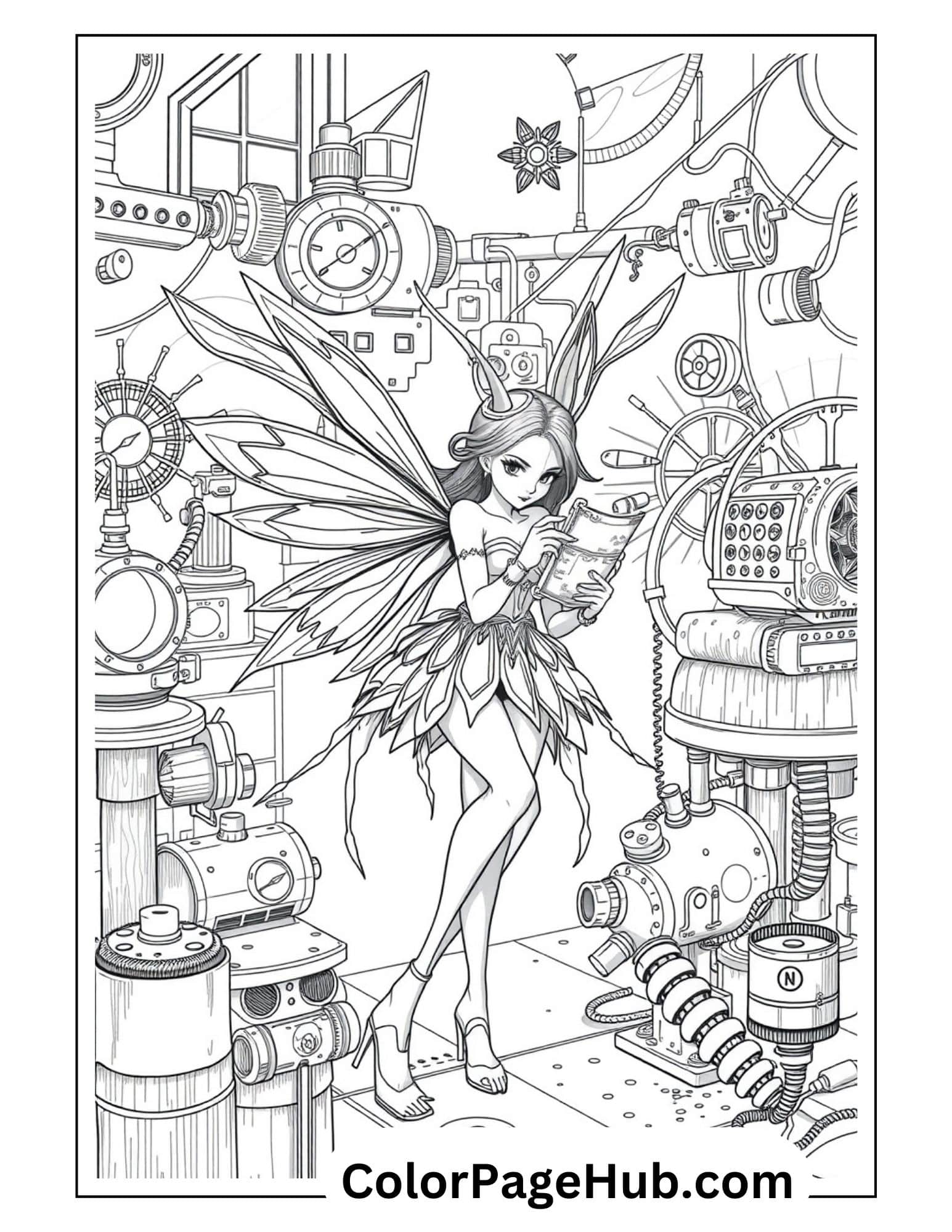 Fairy Coloring Page with a stylish fairy reading a scroll in a whimsical steampunk lab full of gears, pipes, and machinery