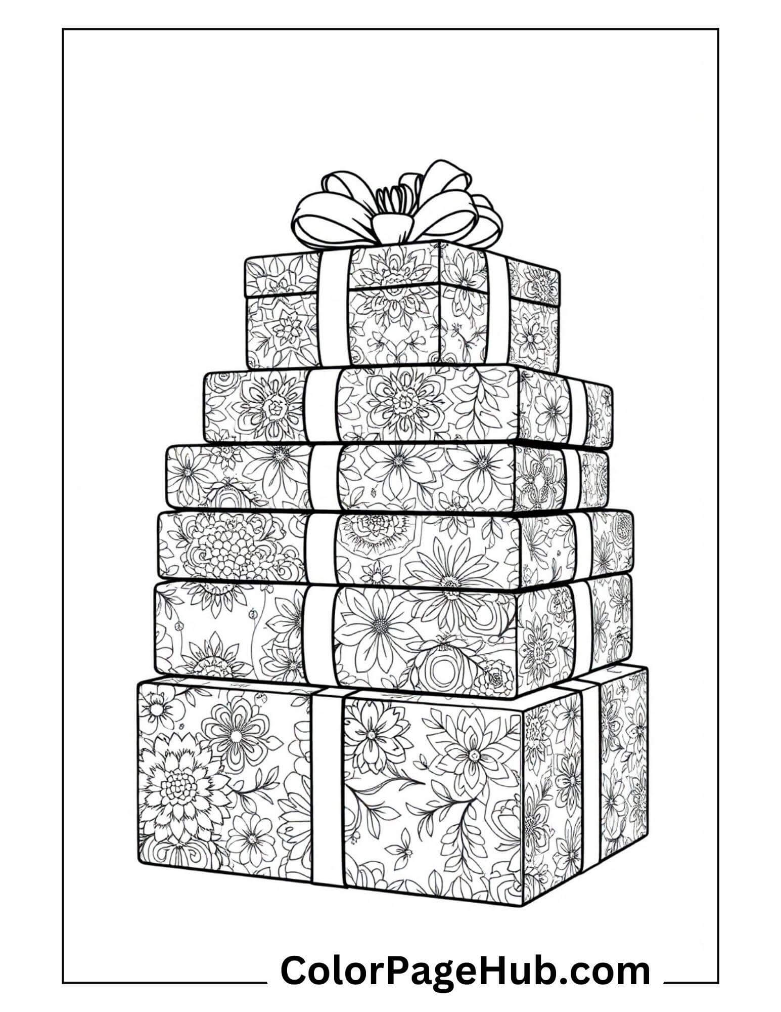 Joyful Happy Birthday Coloring Page featuring a stack of beautifully wrapped gifts adorned with floral patterns and a festive bow.