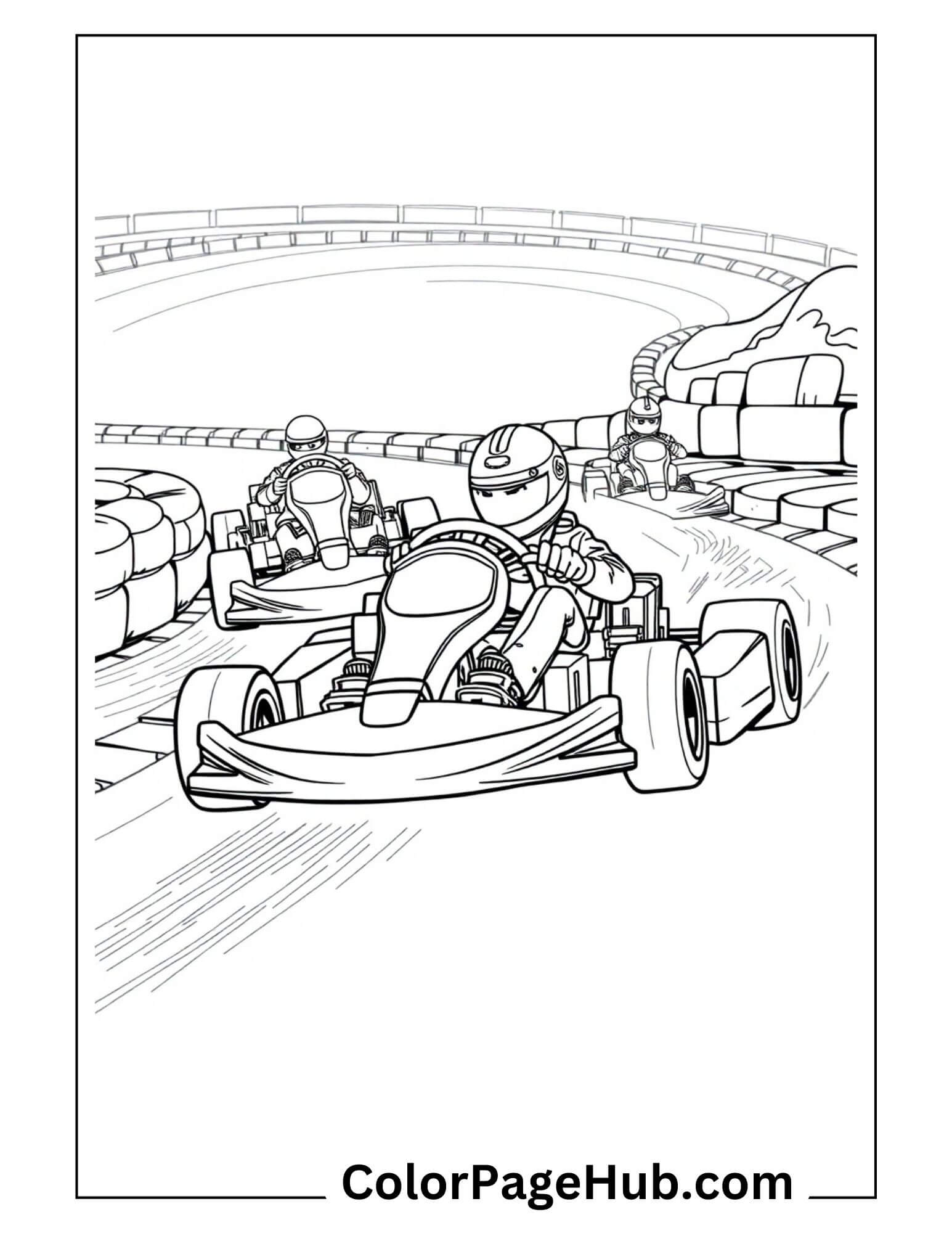 Exciting go-kart racing scene with helmeted drivers speeding around a track curve - printable cars coloring page for racing enthusiasts