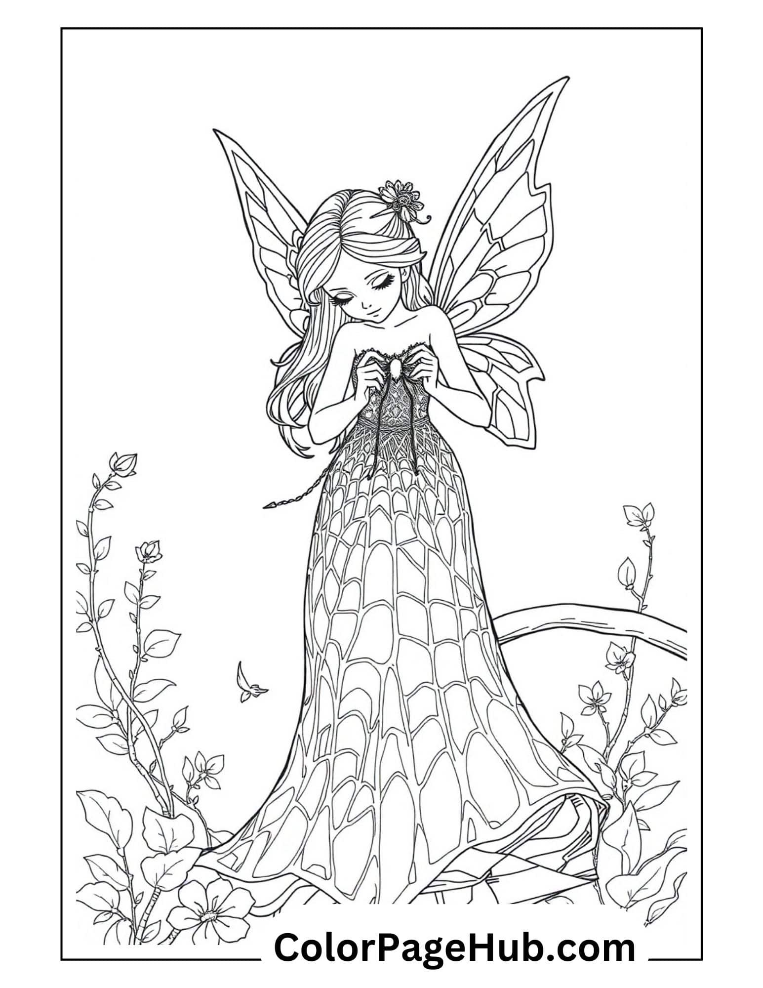 Elegant fairy coloring page with butterfly-winged fairy in intricate web-patterned gown surrounded by flowering vines and a delicate butterfly