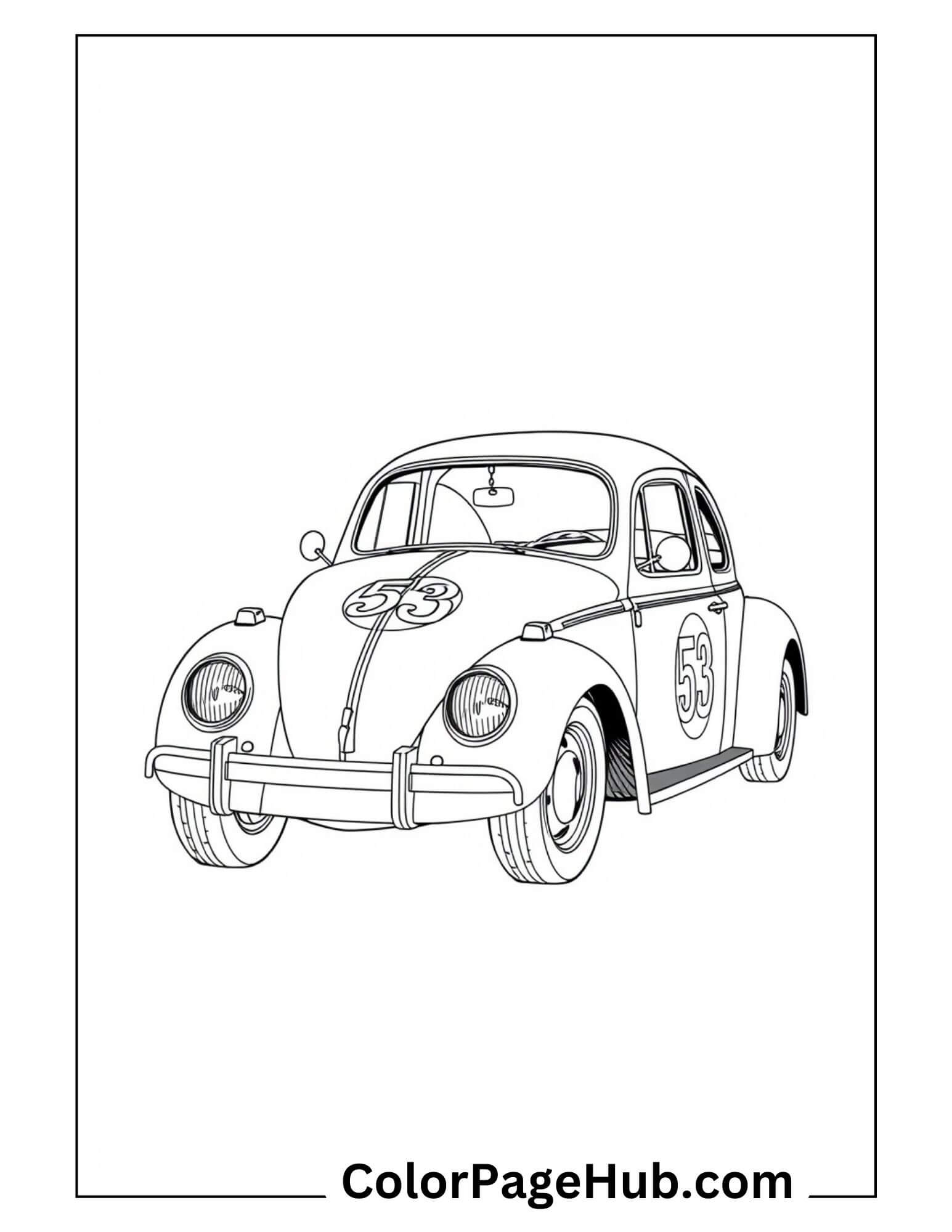Classic Volkswagen Beetle #53 'Herbie' with detailed front view and racing numbers - nostalgic vintage cars coloring page for Disney movie fans