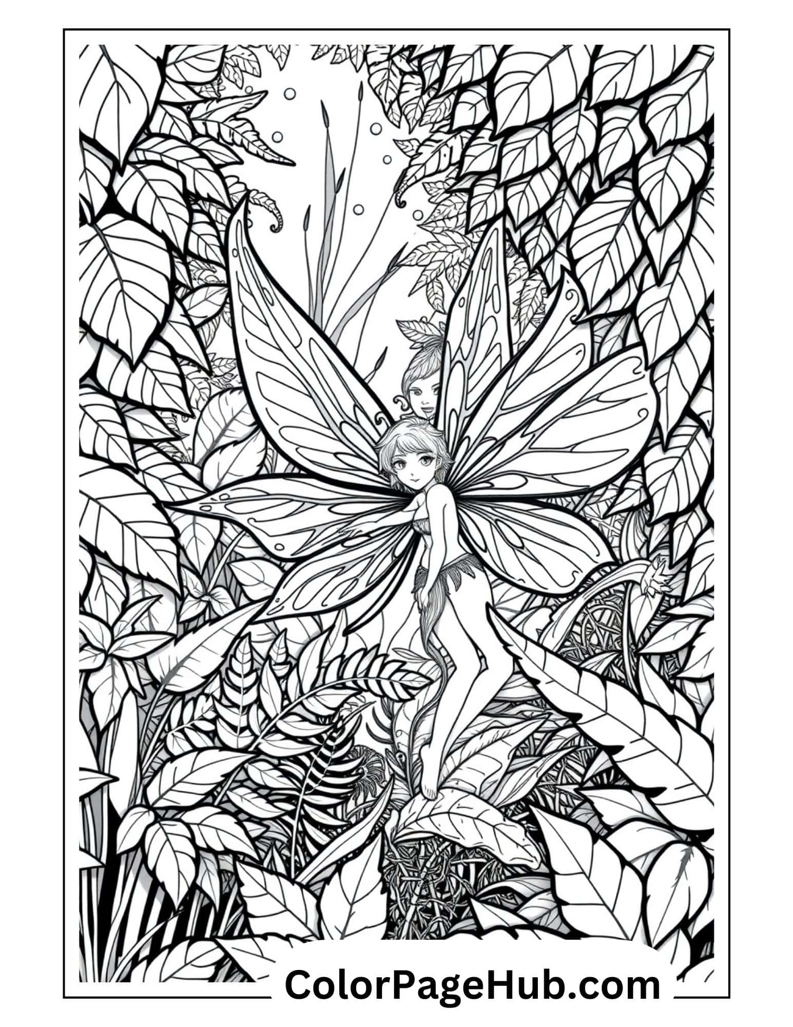 Fairy Coloring Page showcasing a whimsical fairy with delicate wings and intricate foliage, ideal for imaginative coloring