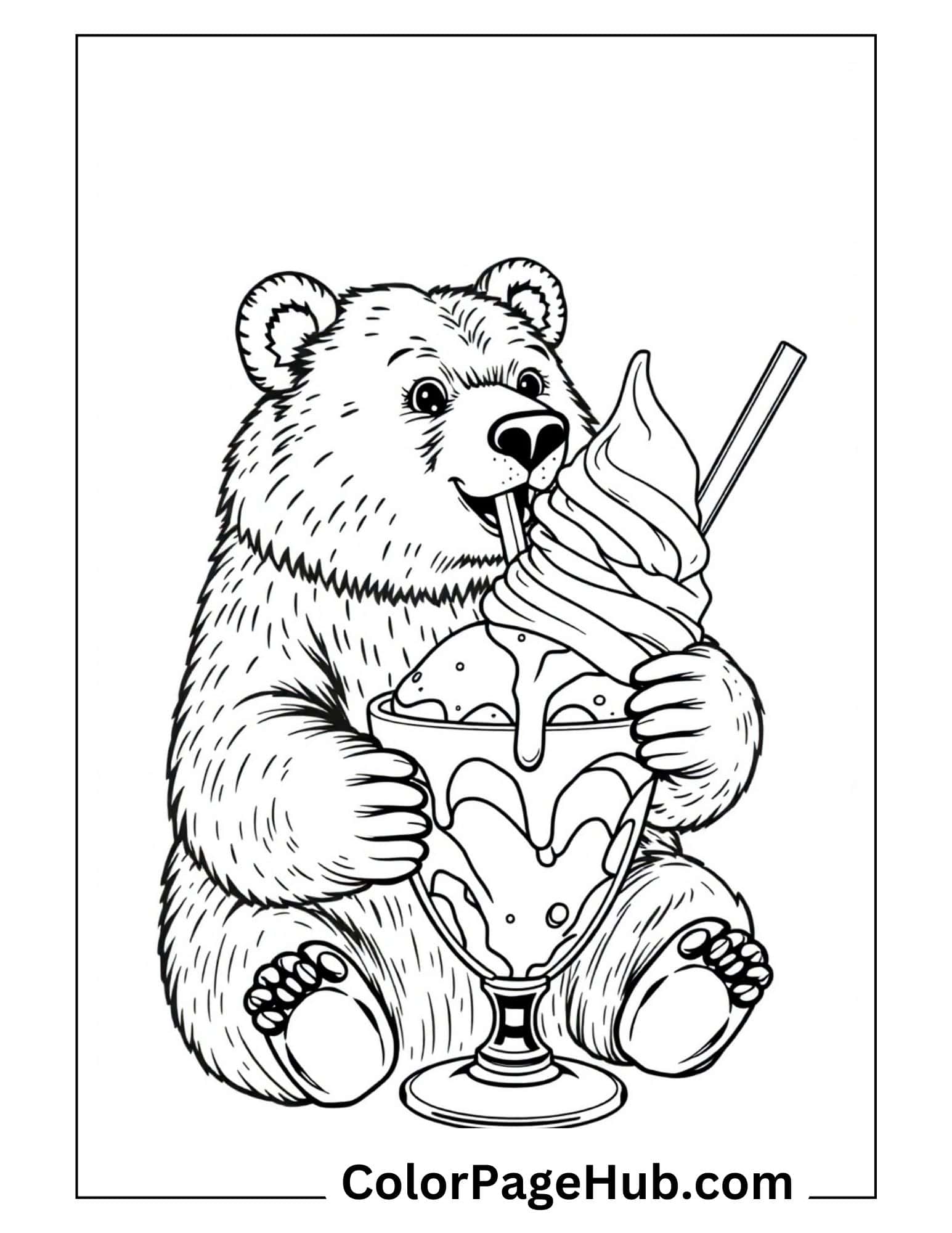Bear with sundae ice cream coloring page showing happy cub enjoying parfait glass with whipped topping and straw.