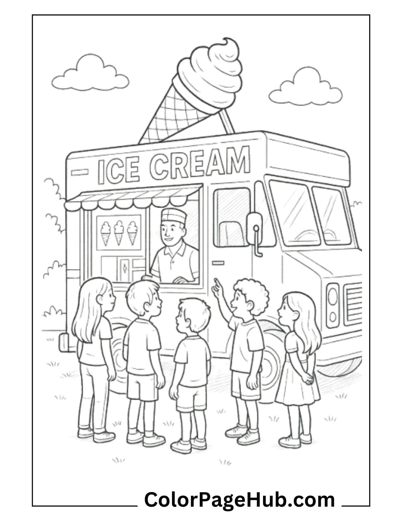 Cars Coloring Page showing an ice cream truck and excited children, ideal for creative coloring fun for kids of all ages