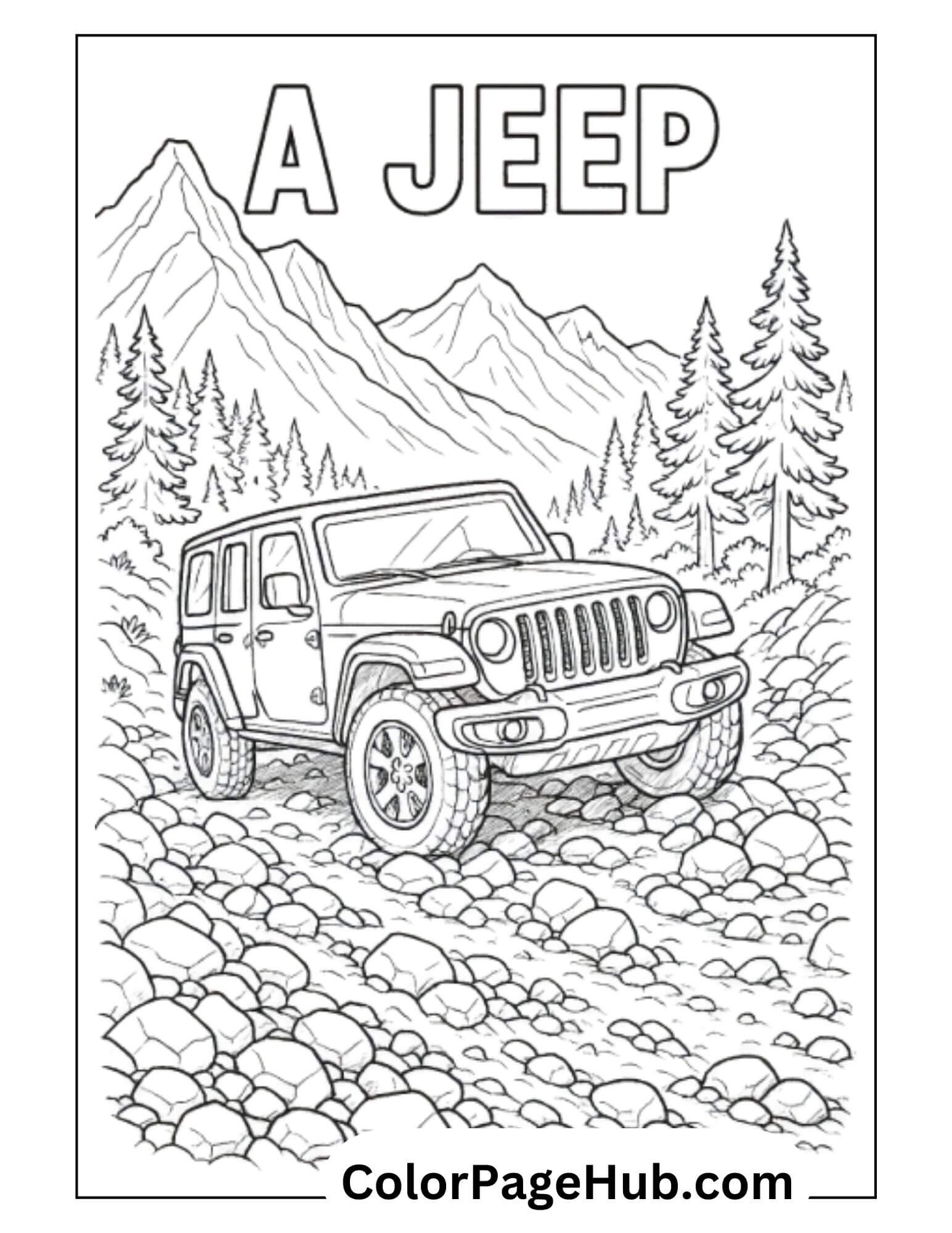 Off-road Jeep driving through rocky mountain terrain with pine trees — adventurous Cars Coloring Page for outdoor vehicle lovers