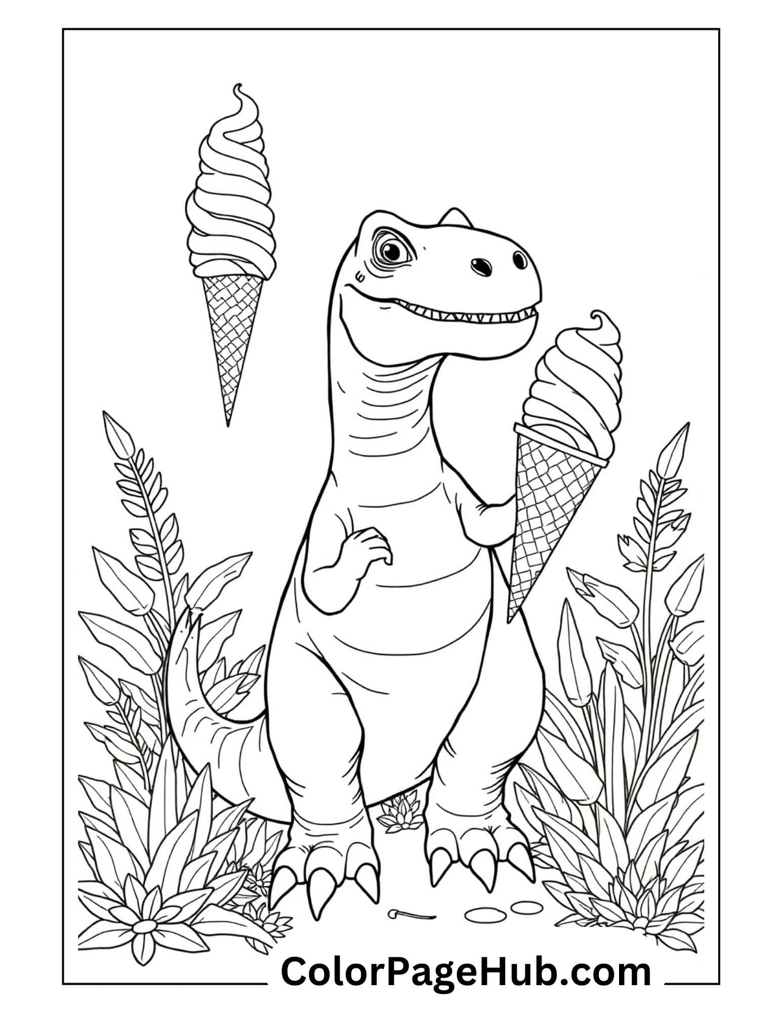 Dinosaur with ice cream coloring page featuring a T-Rex enjoying two cones among tropical plants, ideal for prehistoric dessert fans.