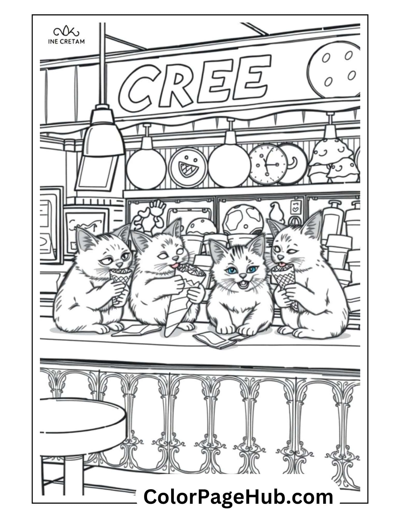Charming ice cream coloring pages with four kittens enjoying cones at a vintage ice cream parlor with decorative counter and whimsical decor