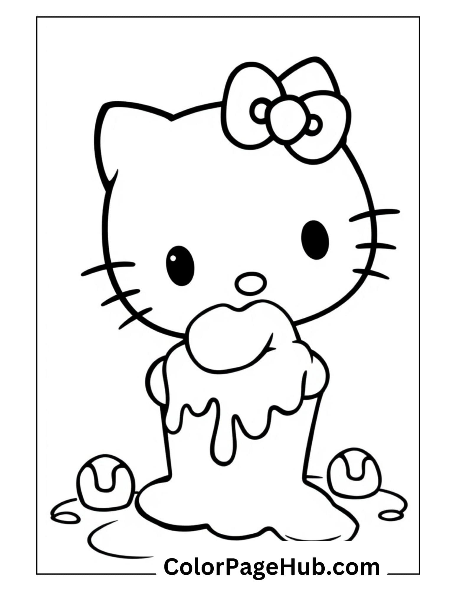 Hello Kitty ice cream coloring page showing the beloved character enjoying a melting sundae cup, ideal for young fans.