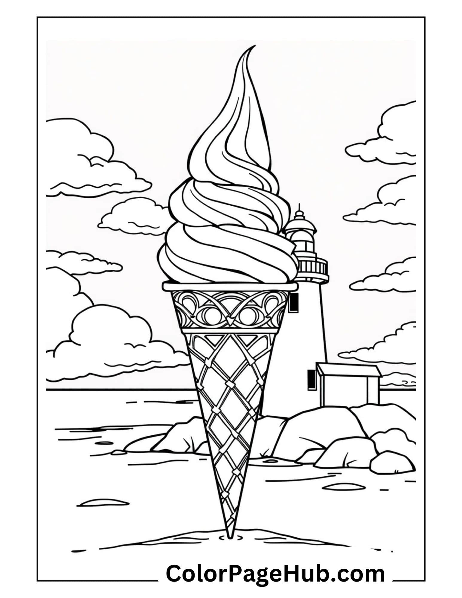 Whimsical ice cream coloring pages featuring a swirly soft serve cone by the seaside with lighthouse and clouds, perfect for summer fun