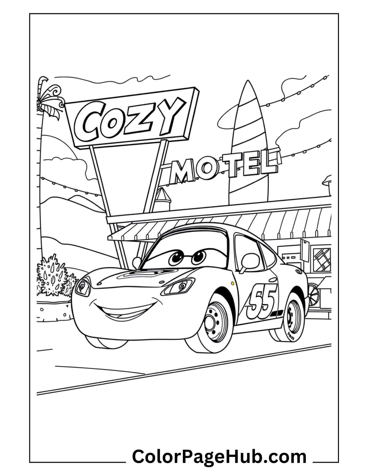 Lightning McQueen #55 smiling outside Cozy Motel - Disney Pixar Cars coloring page featuring iconic movie scene for animation fans
