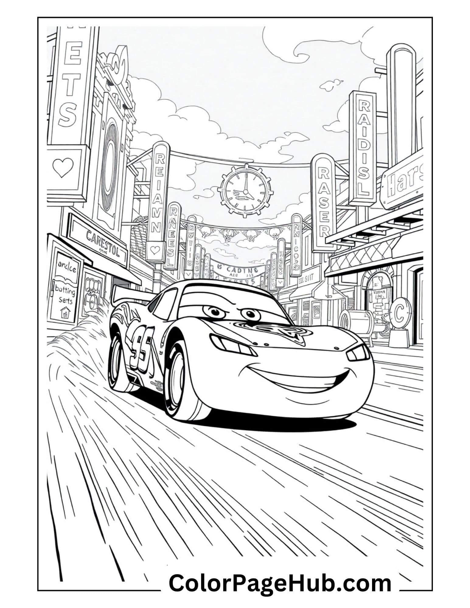 Lightning McQueen coloring page racing through Radiator Springs town with storefronts - Disney Cars Lightning coloring pages