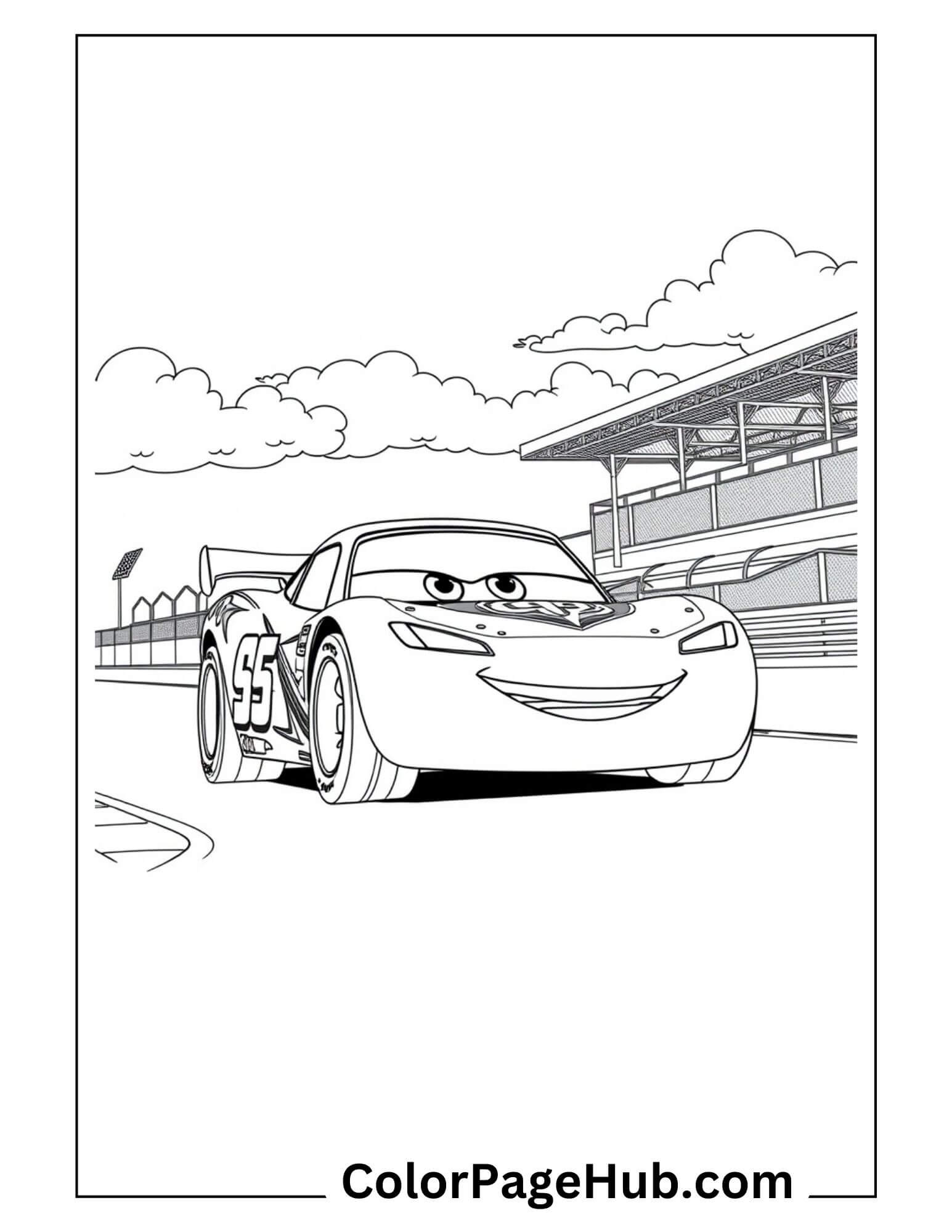 Lightning McQueen #95 smiling on racetrack with stadium backdrop - Disney Pixar Cars coloring page for children who love animated racing movies