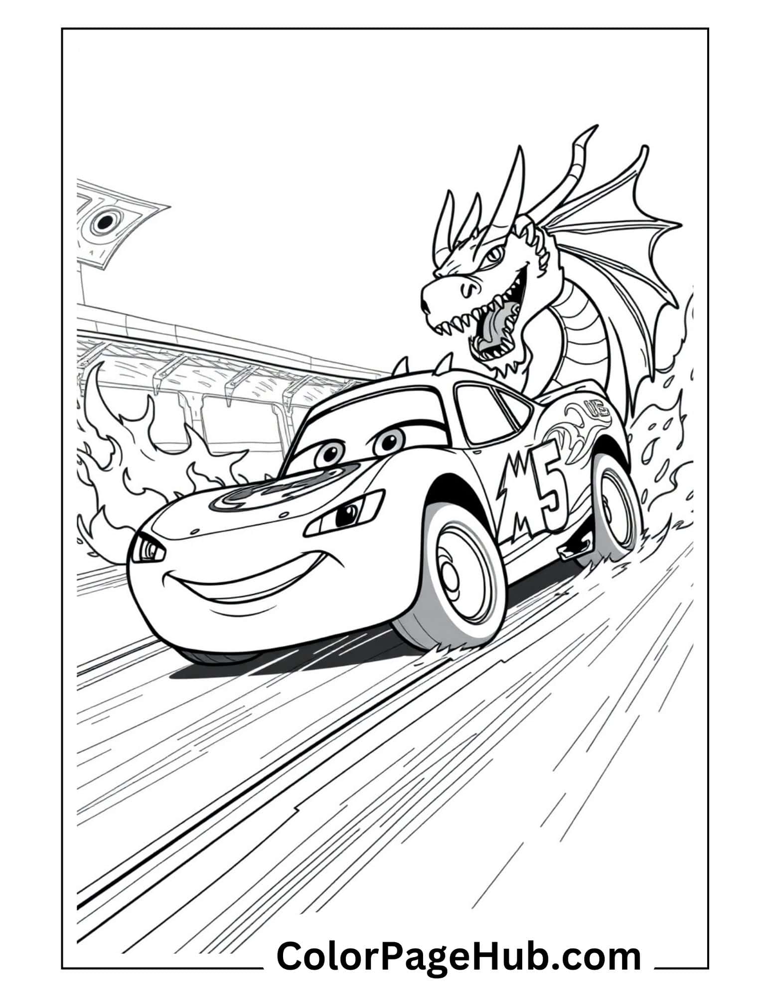 Lightning McQueen coloring page racing against dragon with flames - action-packed Lightning coloring pages for kids