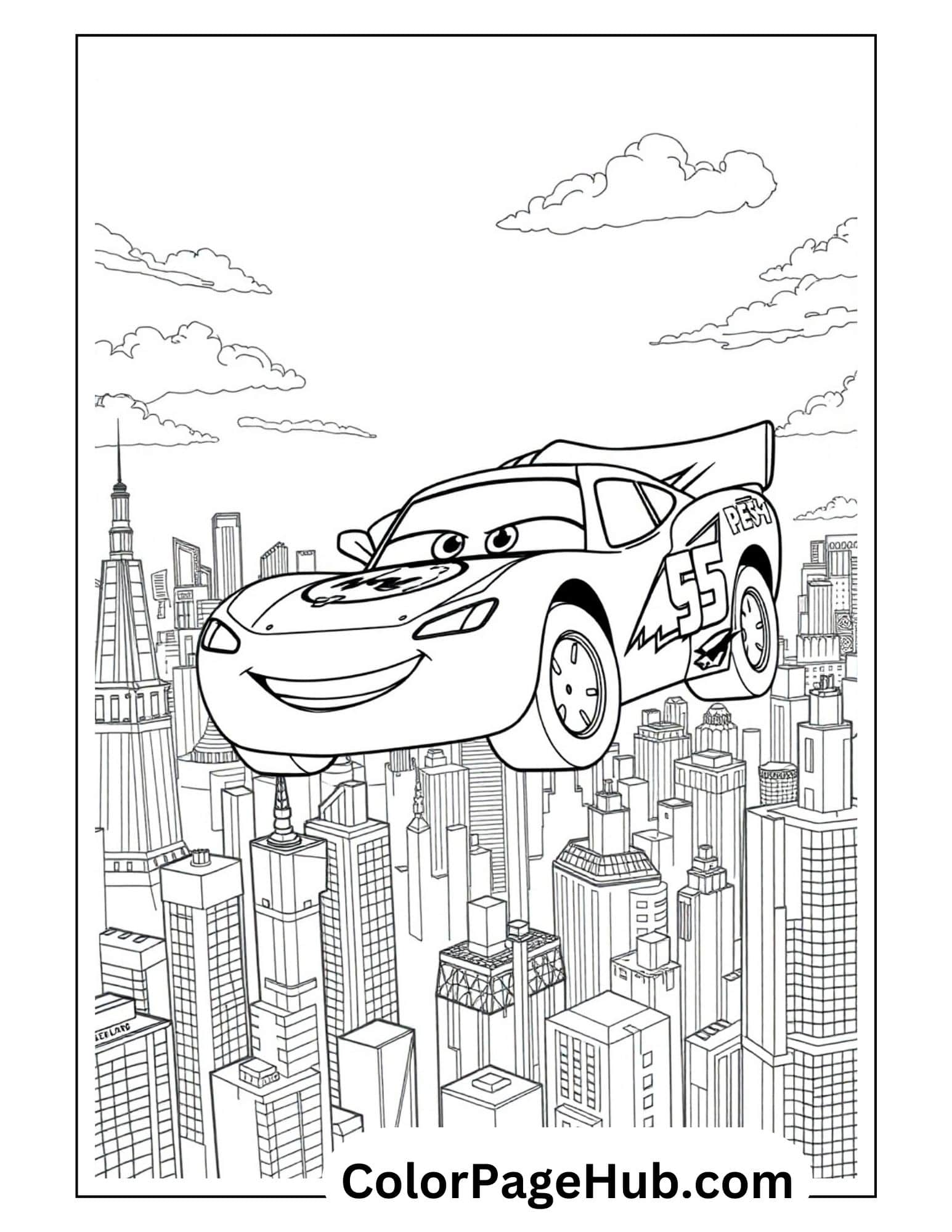 Flying Lightning McQueen coloring page soaring above city skyscrapers - superhero-style Lightning coloring pages for kids