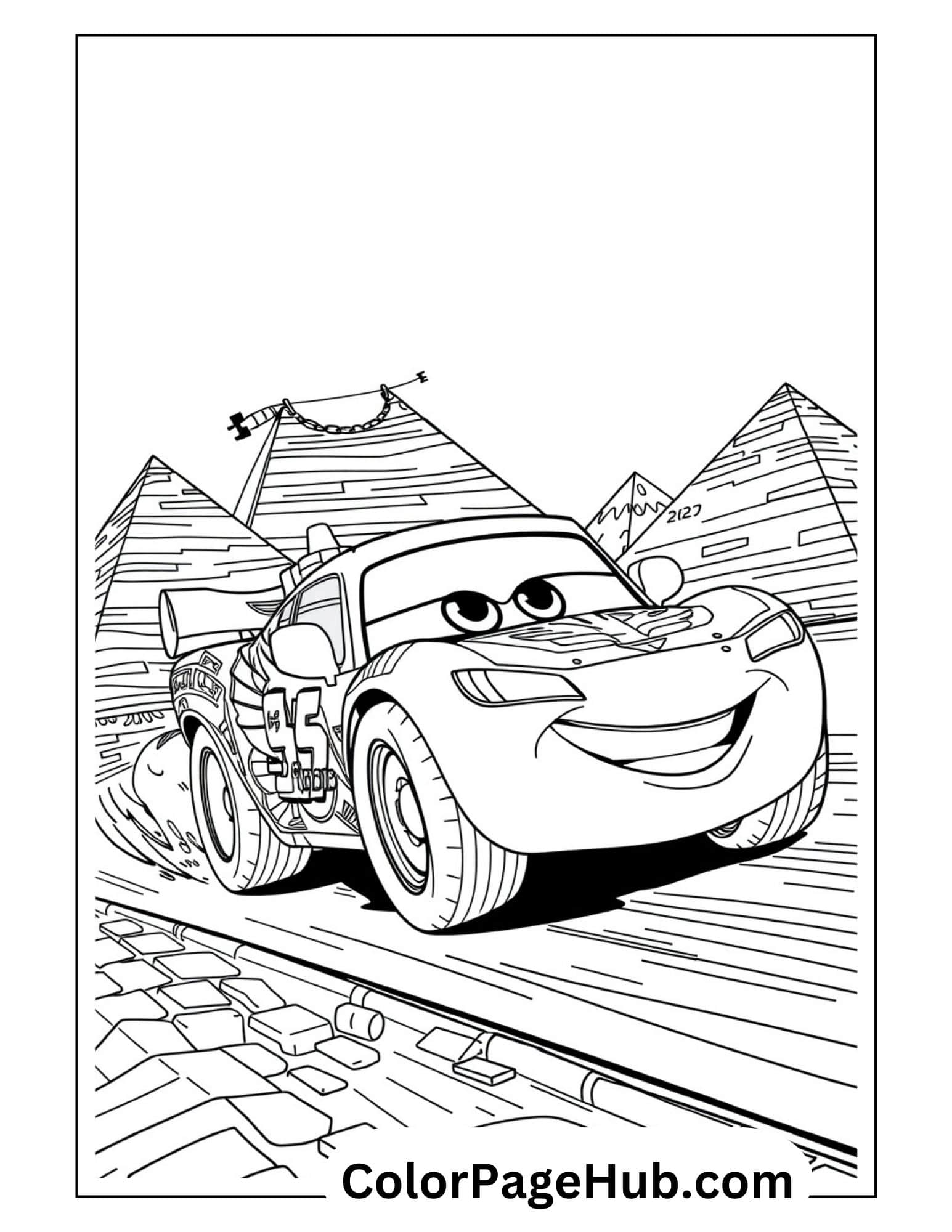 Egypt Lightning McQueen coloring page with race car #95 driving past pyramids - adventure themed Lightning coloring pages for kids